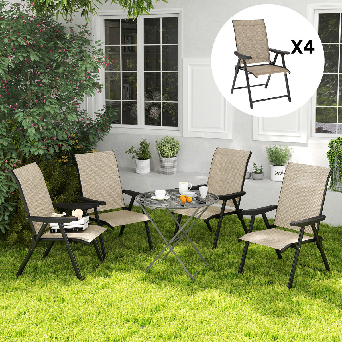 Folding Chair W/ Breathable Mesh Fabric Seat | Set of 4 | Brown