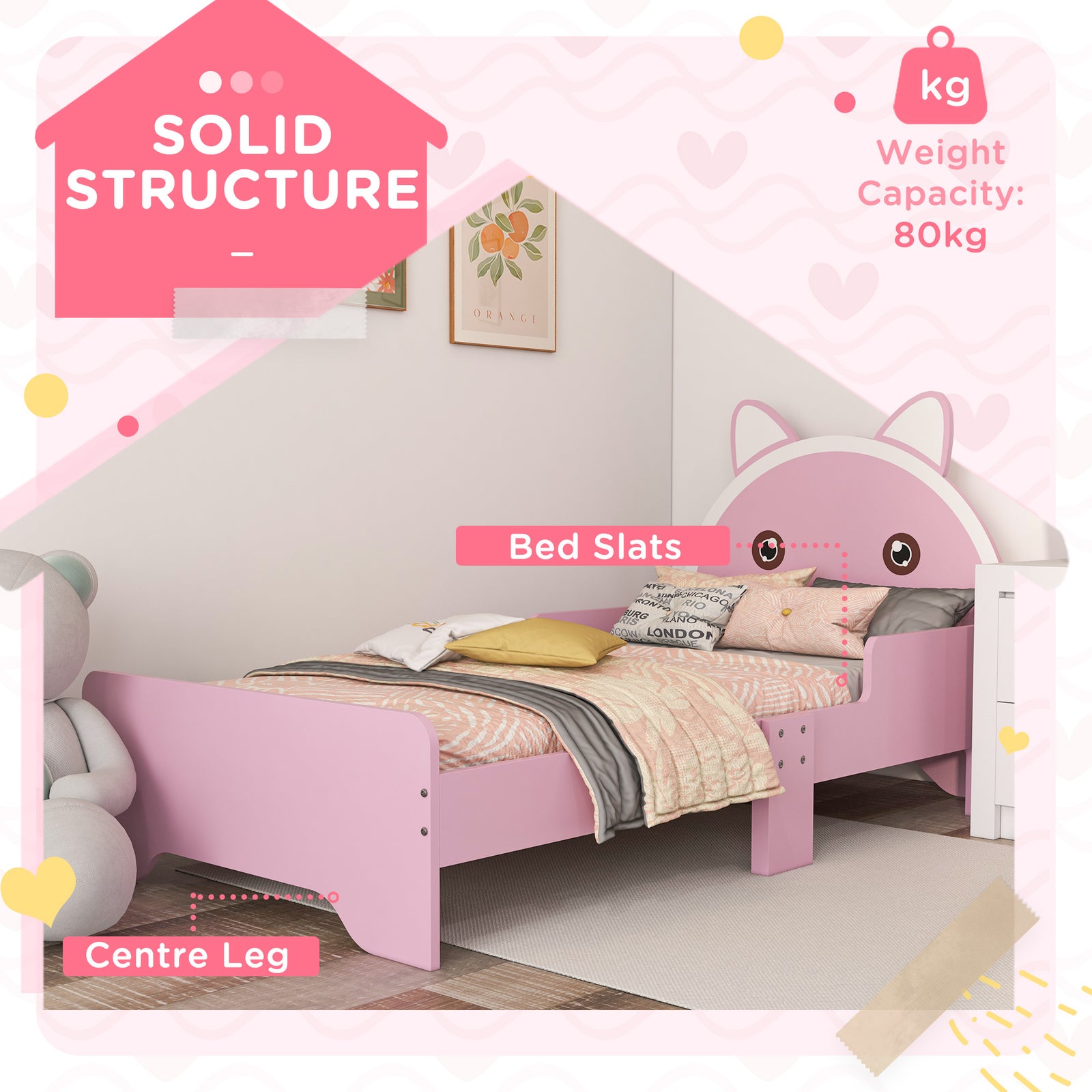 Toddler Bed Frame Cat Design Bed With Guardrails 143l X 74w X 72hcm - Pink | Pink