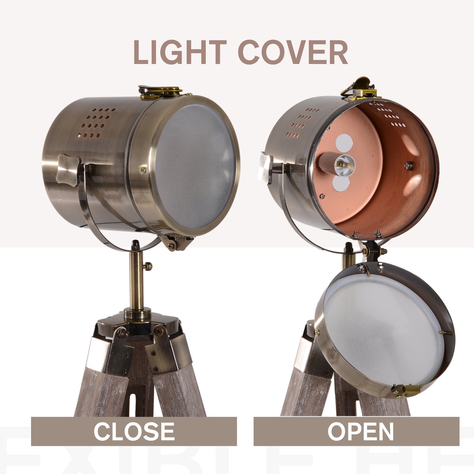 Industrial Tripod Floor Lamp Wood Adjustable Spotlight