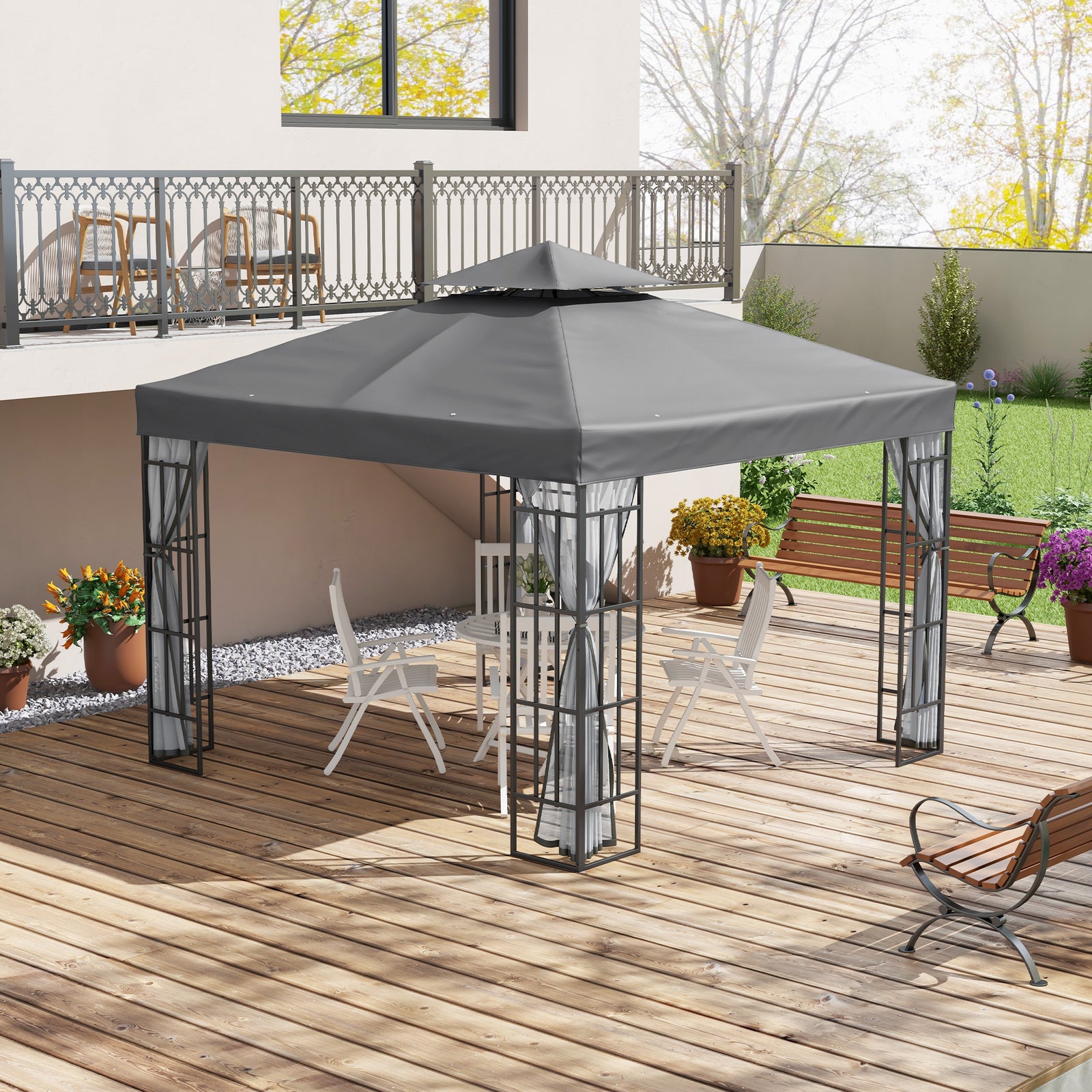 3 X 3(m) Patio Gazebo Canopy Garden Pavilion W/ 2 Tier Roof | Grey