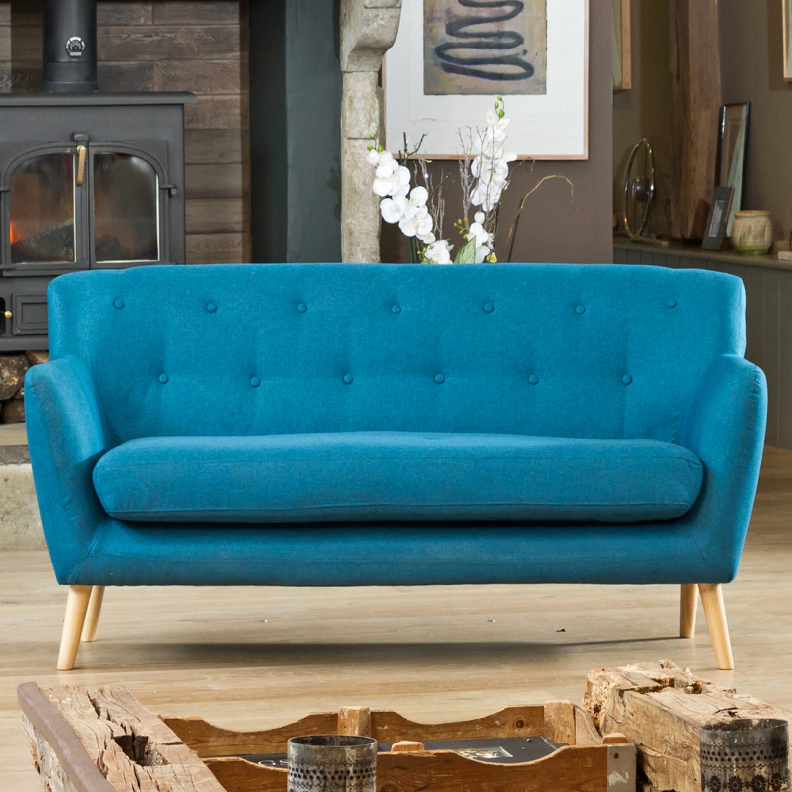 Lynwood 177cm Wide Scandi Style Hessian Fabric 3 Seat Sofa | 3 | Teal