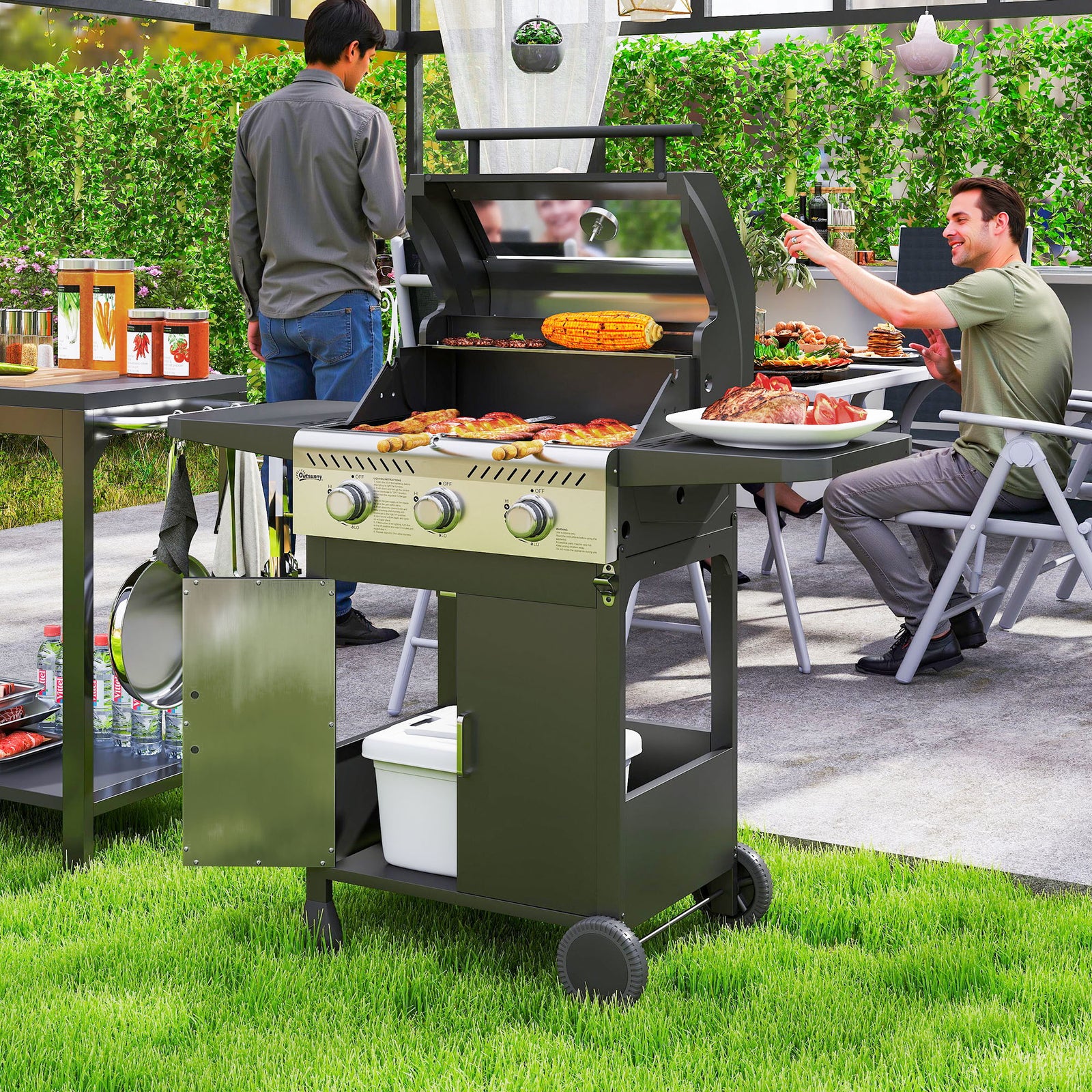 Outsunny 3 Burner Gas Bbq Trolley With Lid
