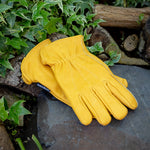 Luxury Leather Gardening Gloves, Fleece-lined & Elasticated Wrist | Large | Golden Ochre