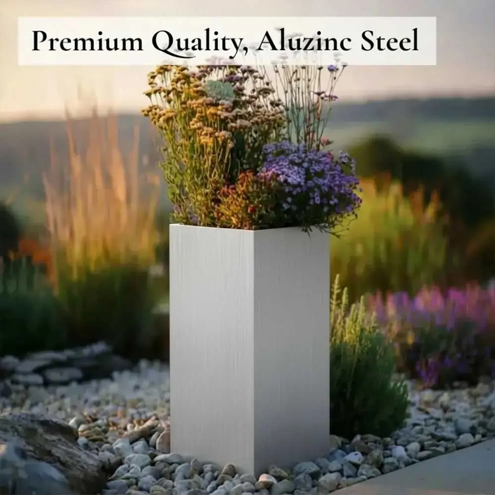 Zinc Galvanised Tall Square Planter | 32cm x 32cm x 75cm | Silver