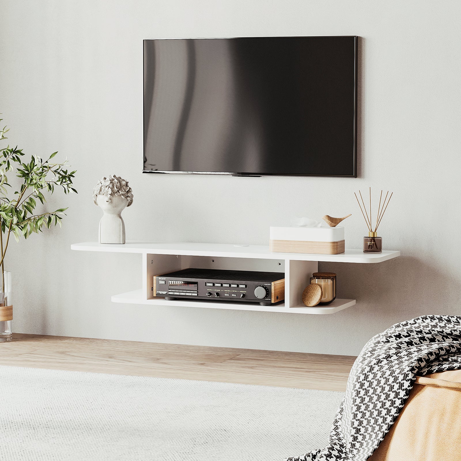 Wall Mounted Tv Stand With Storage Shelf | White