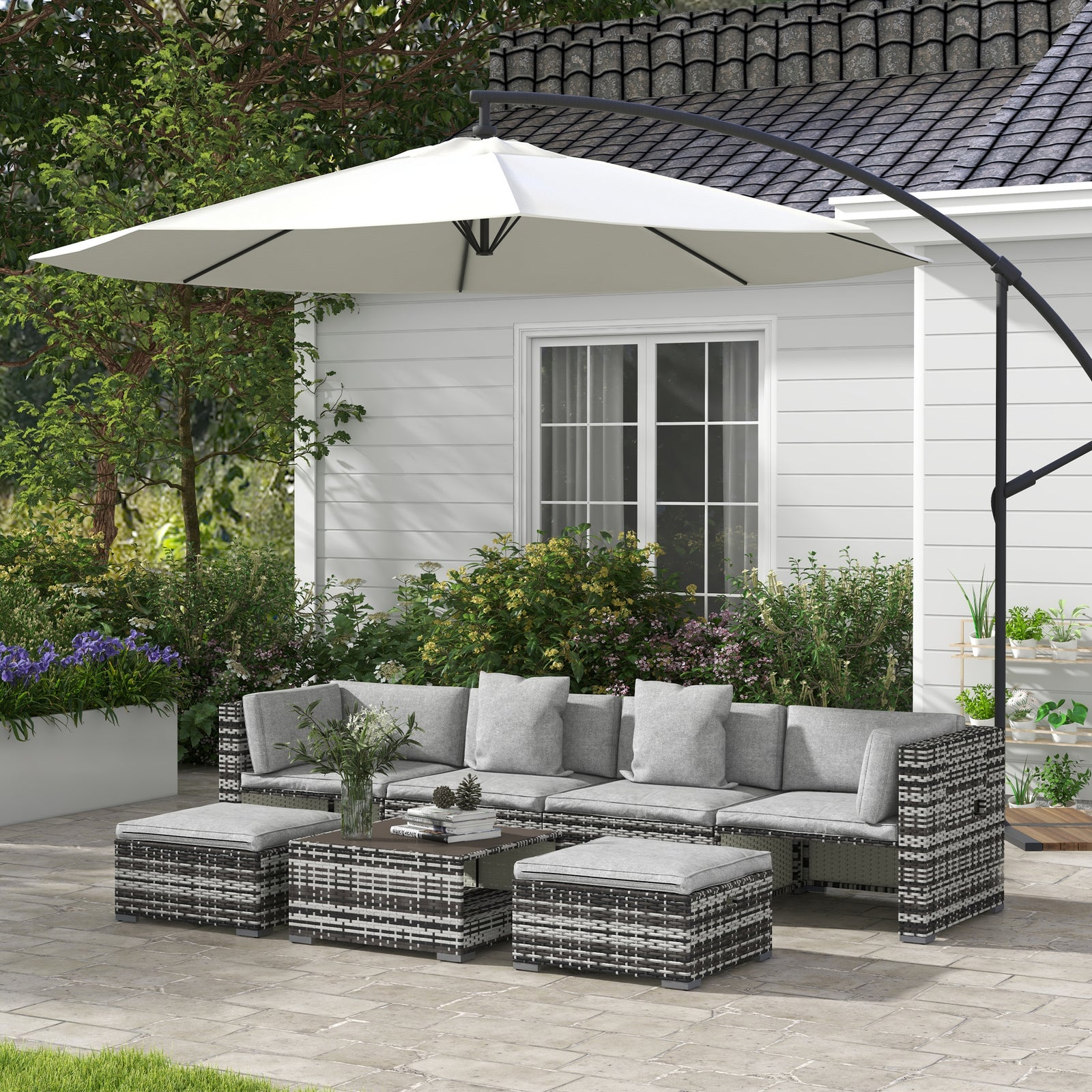 7 Pieces Rattan Set W/ Sofa, Shelf, Table, Cushions
