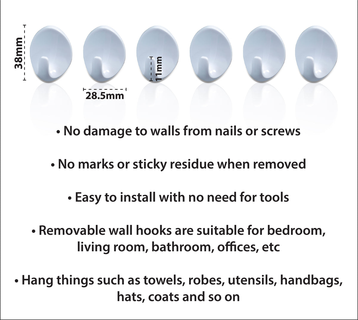 St Helens Small Self Adhesive Oval Shaped Plastic Hooks (pack Of 6)