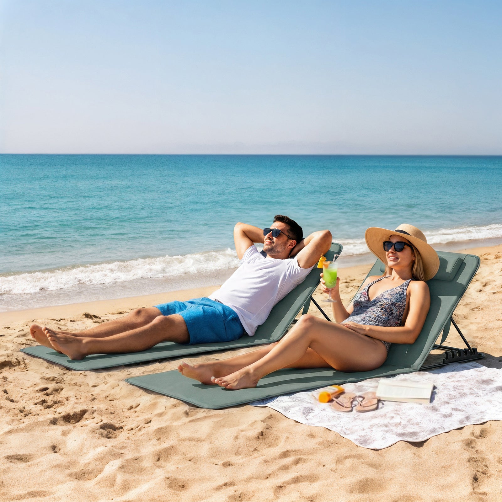 Outsunny 2 Pcs Foldable Sun Loungers, Beach Lounger With Adjustable Back