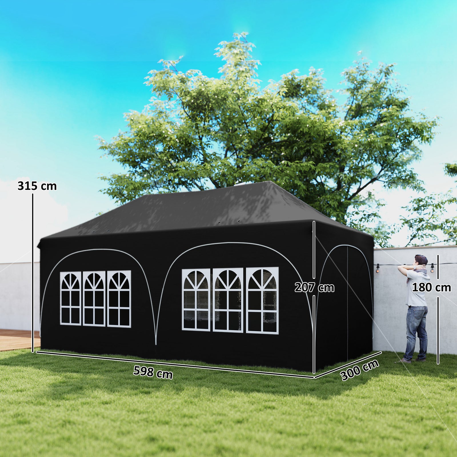 3 X 6m Pop Up Gazebo With Sides, Peak Top Garden Party Tent Marquee | Black
