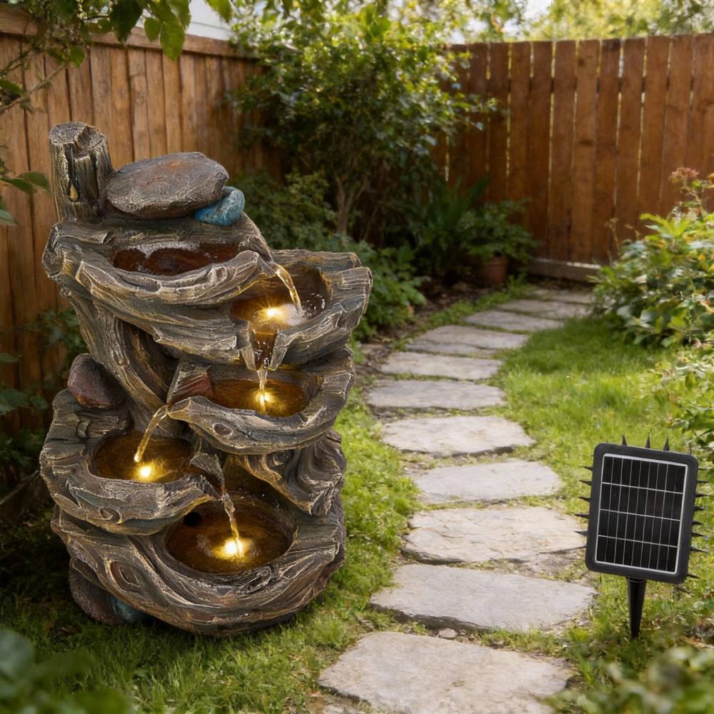 Solar-powered Wooden-style Tiered Water Fountain With Led Lights – Tranquil Garden & Balcony Cascade