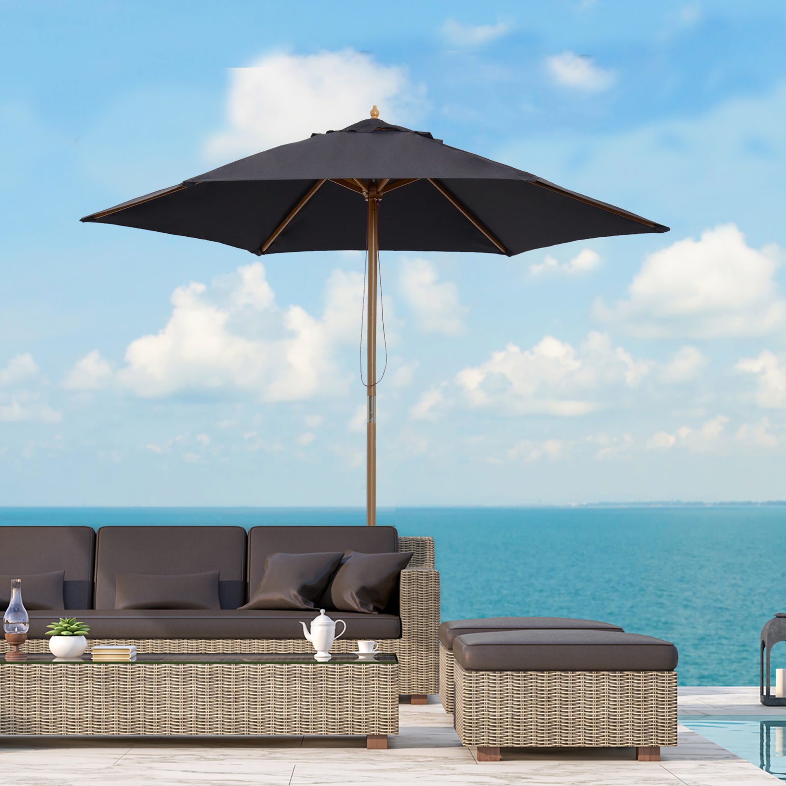 2.5m Wood Garden Parasol Sun Shade | Black