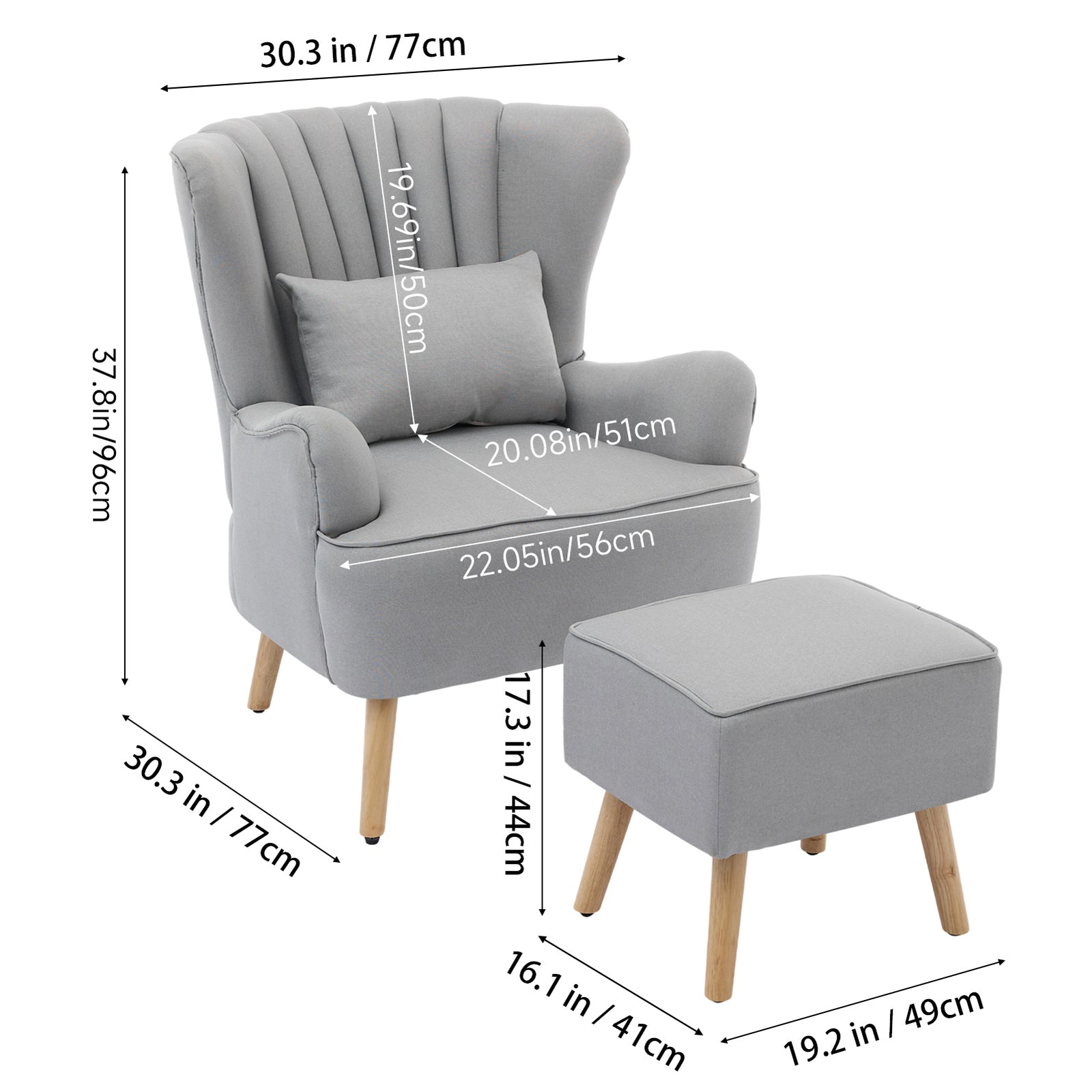 Modern Wingback Accent Chair Armchair With Footstool And Lumbar Pillow | Light Grey