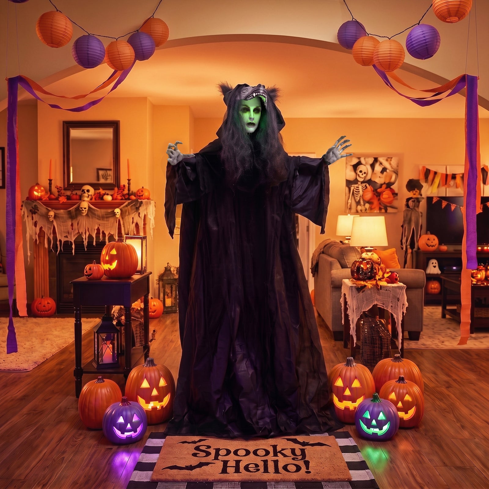 HOMCOM 67" Animated Pop-up Ghost With Werewolf Mask, Light Up Animated Prop