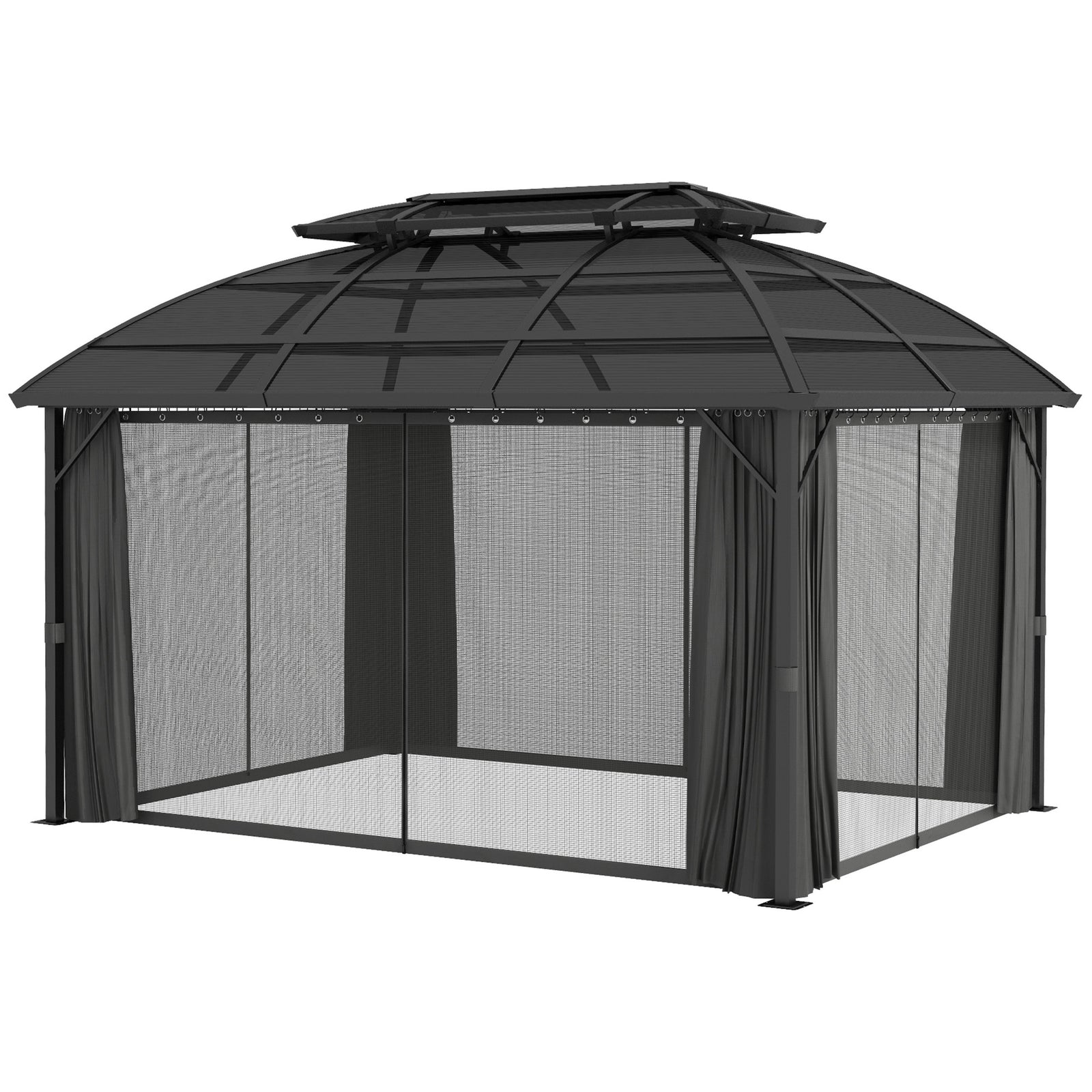 4 X 3(m) Polycarbonate Gazebo W/ Curtains, Nettings, 2 Roofs | Black