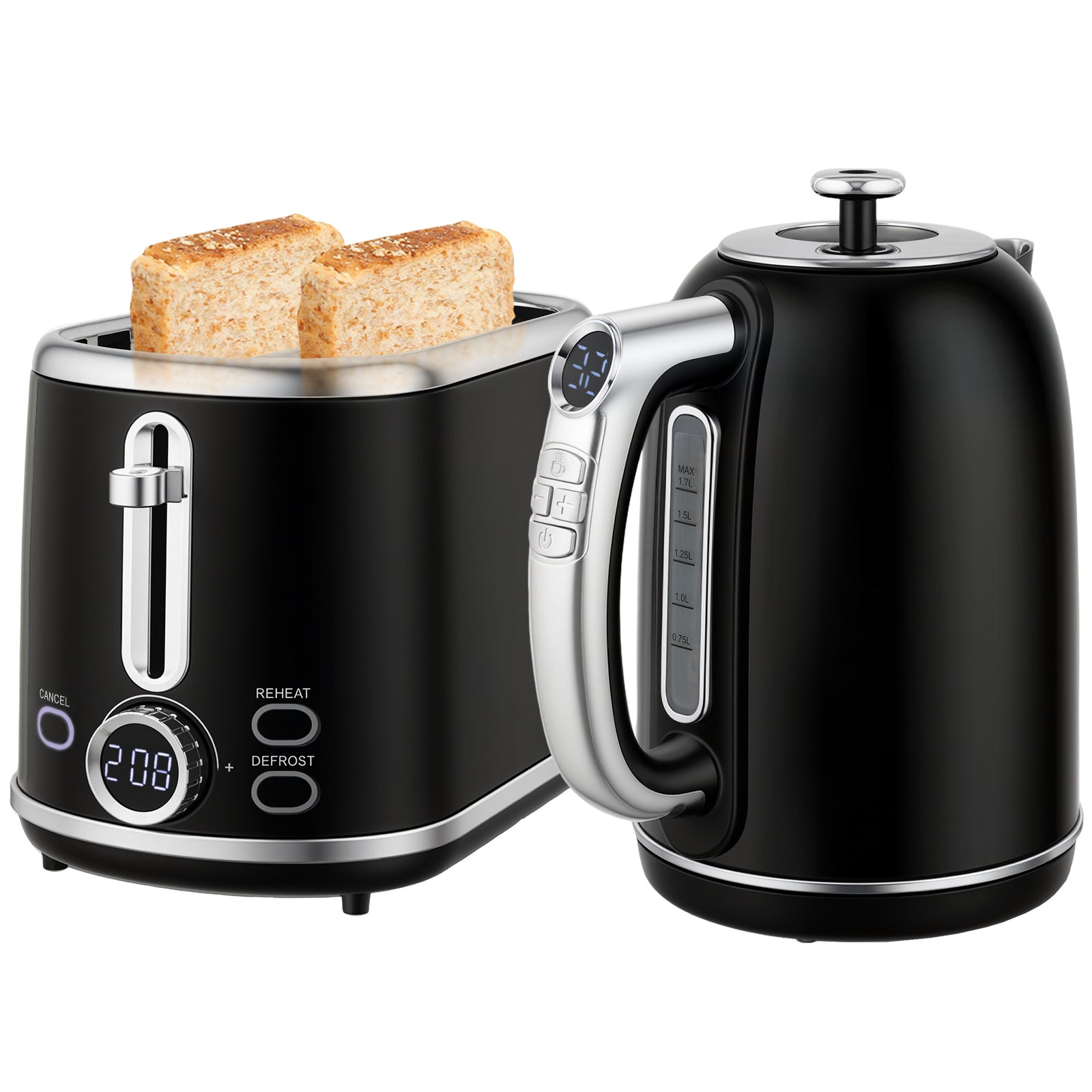 1.7l 3000w Kettle And 2 Slice Toaster With Keep Warm Memory Function | Black