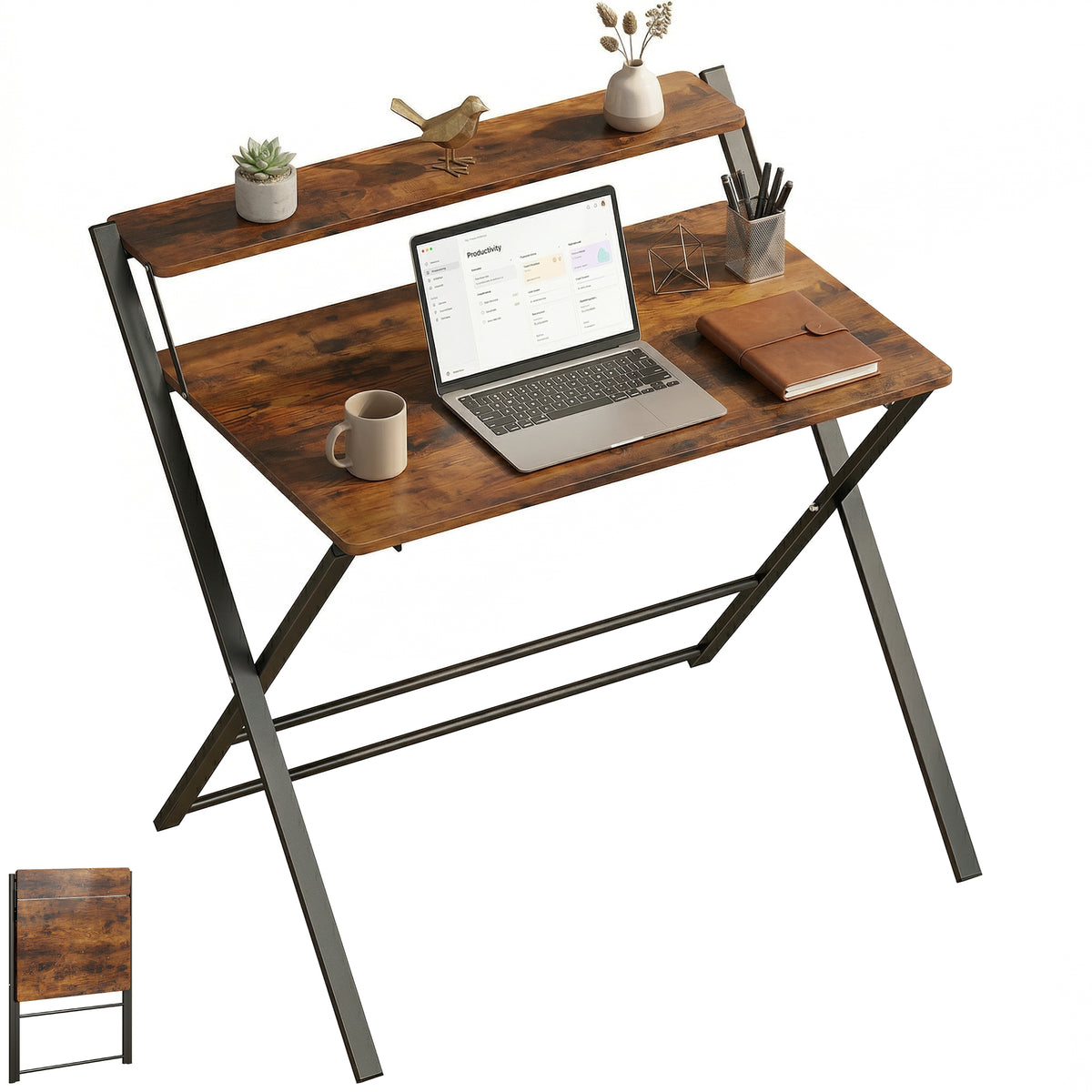 HOMCOM Folding Desk With 2-tier Shelf For Home Office