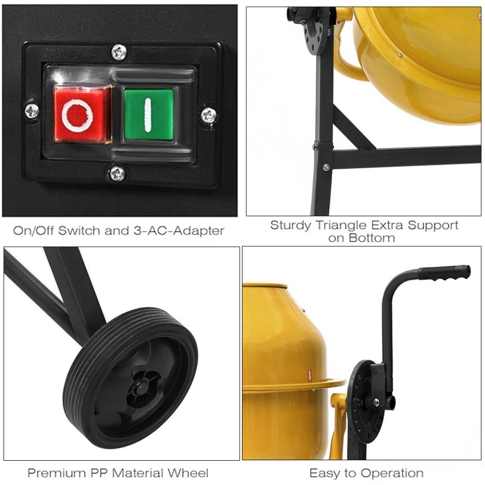 63l 220w Electric Cement Mixer With 2 Wheels,steel Concrete Mixer Machine | Yellow