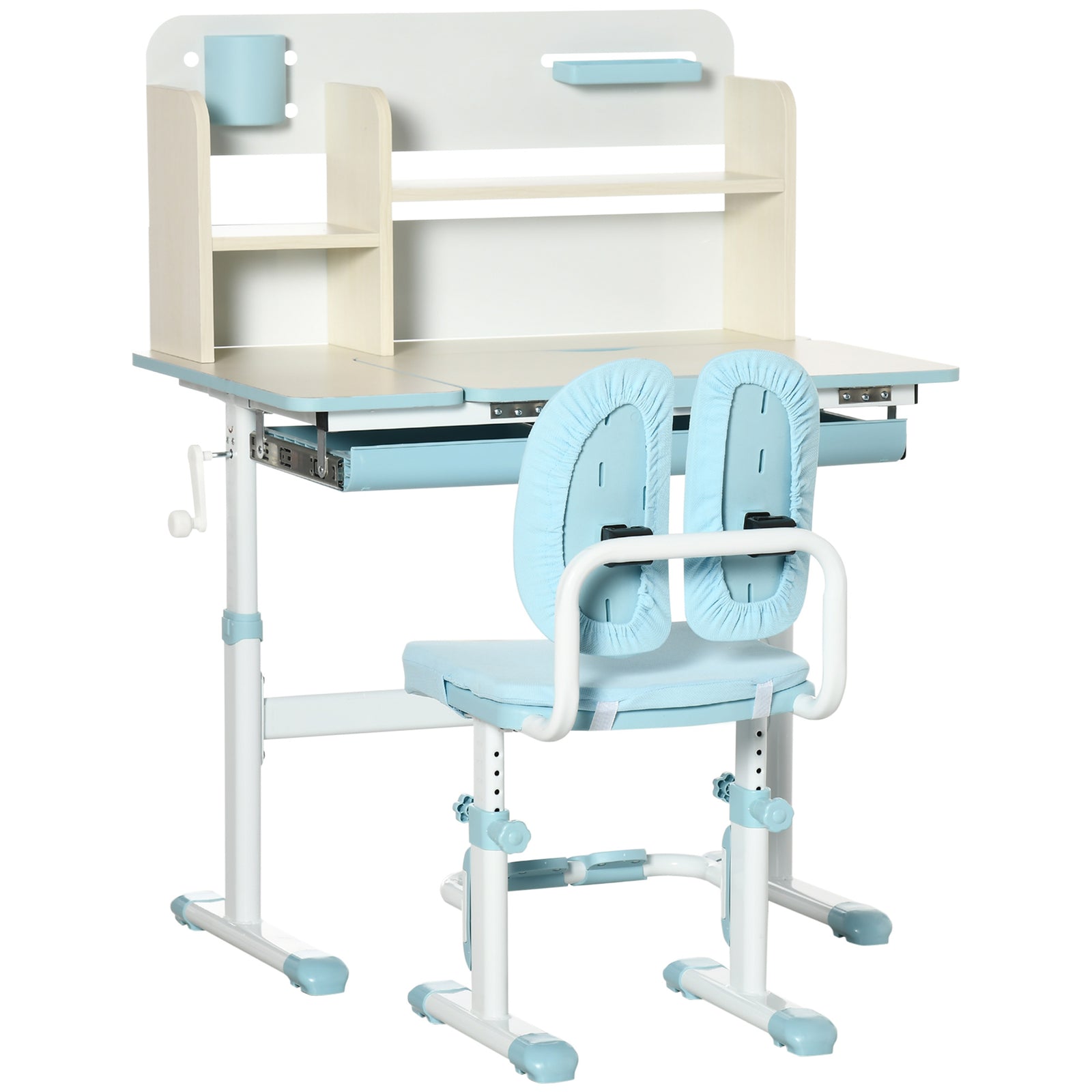 Kids Desk And Chair Set With Storage Shelves, Washable Cover | Blue