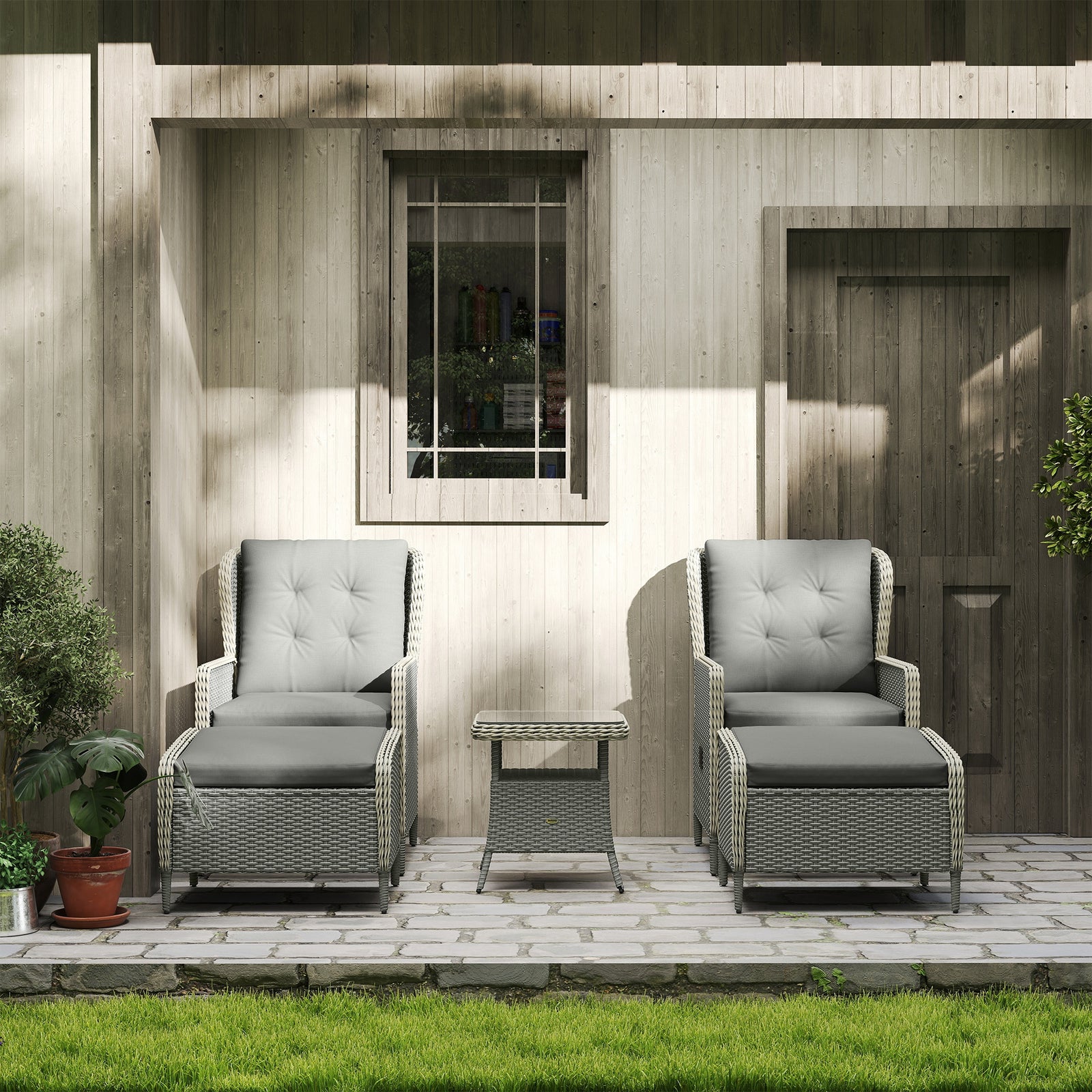 5 Piece Rattan Set With Recliners, 2-tier Coffee Table | Charcoal Grey