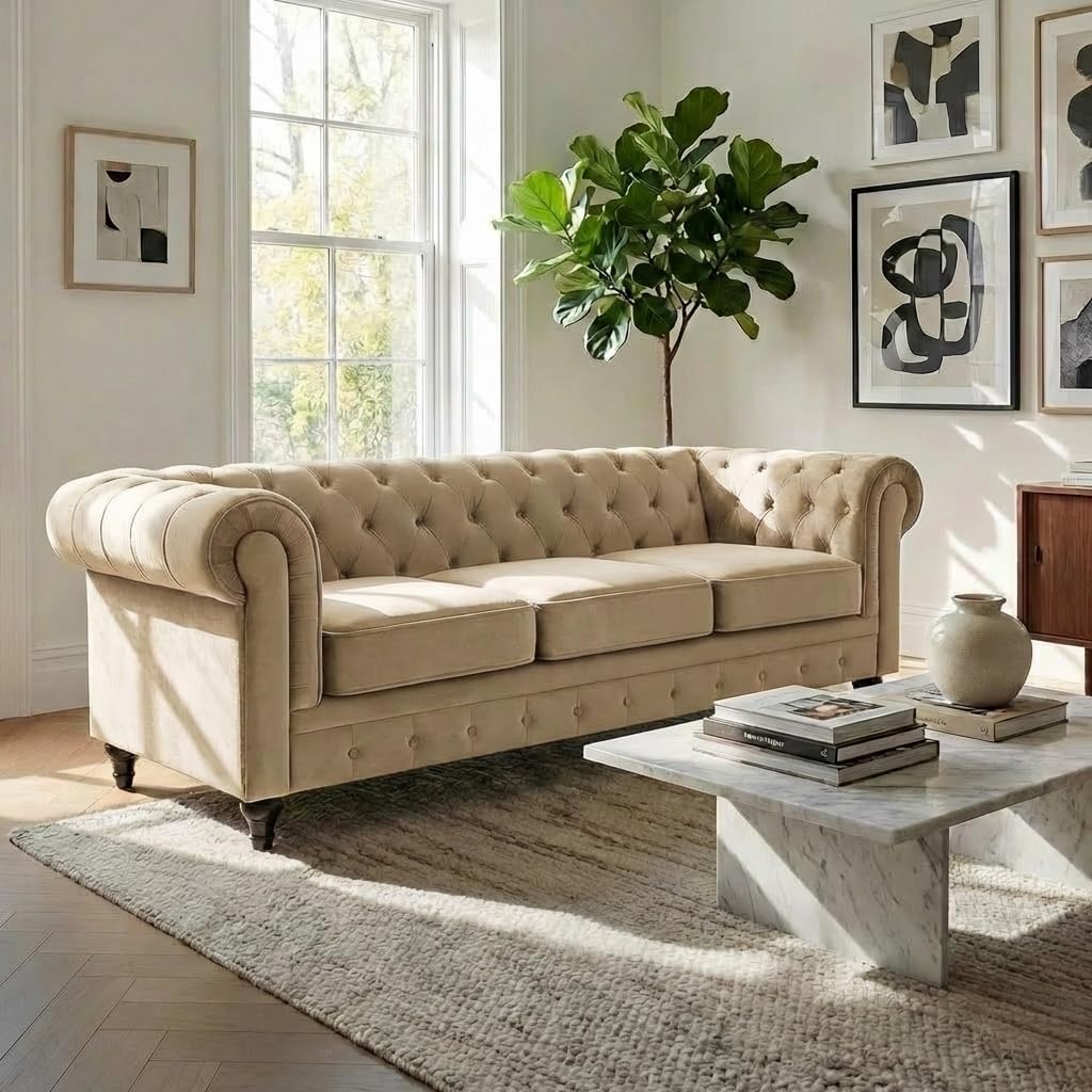 Chesterfield Scroll Arm Velvet Sofa 3 Seater | Beige