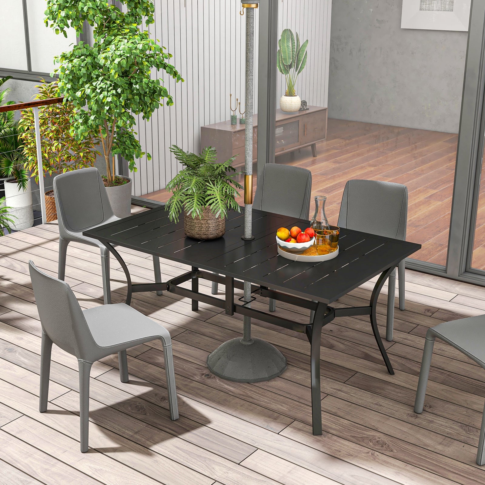Garden Patio Table W/ Parasol Hole, Steel Frame 150x90cm