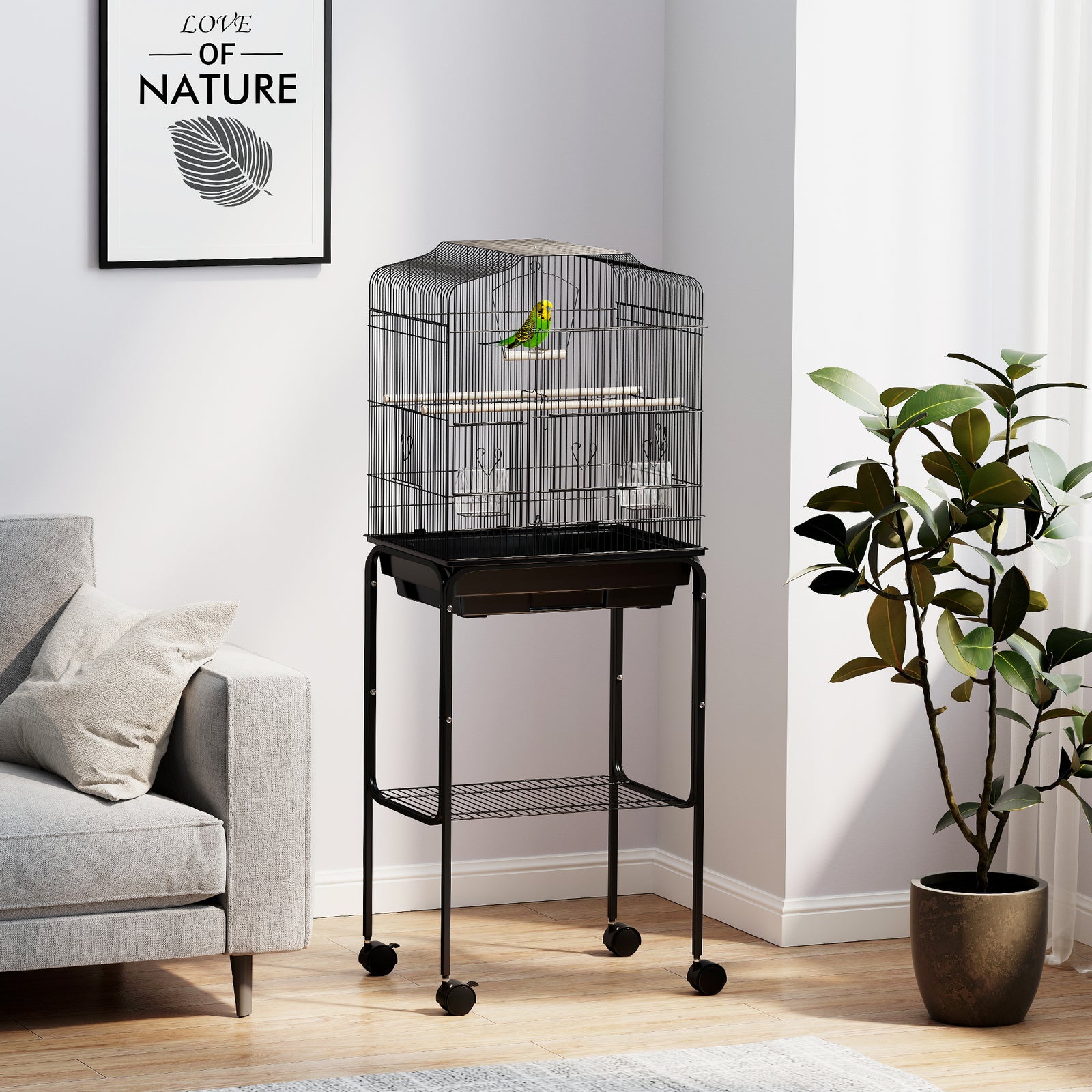 Pawhut Bird Cage For Budgie Finch Canary Parakeet W/ Stand Tray Black