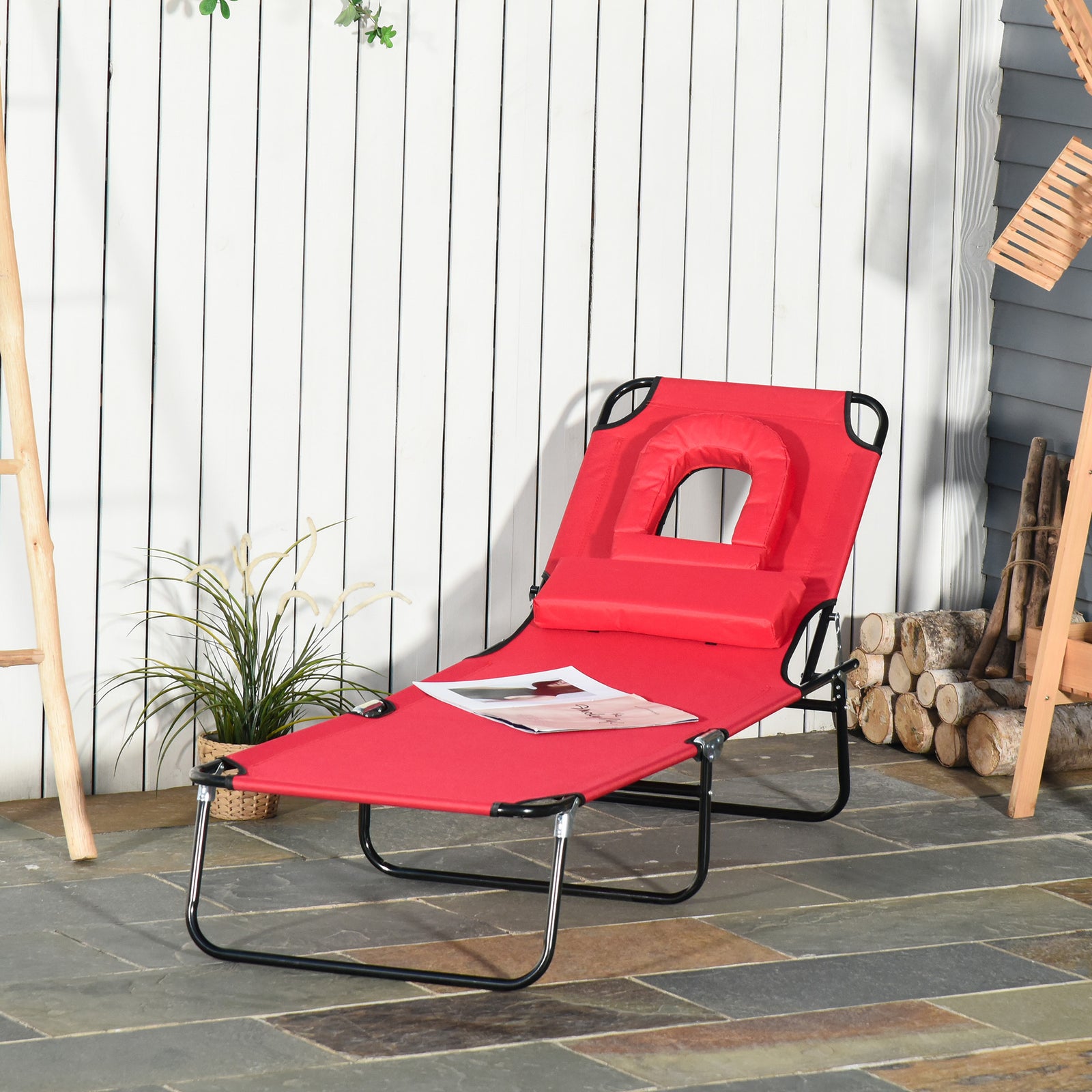 Garden Sun Lounger Folding Recliner Chair | Set of 1 | Red