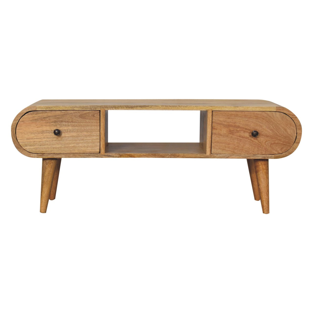 Solid Wood Oak-ish Circular Tv Unit, 2 Drawers And Open Slot, Beige