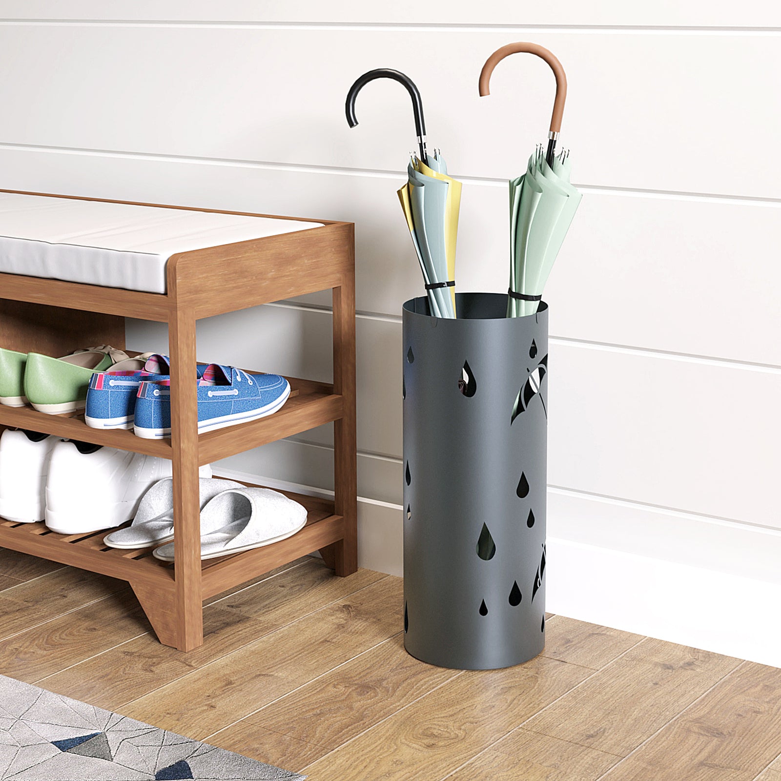 Metal Umbrella Stand, Hollowed Umbrella Basket With 4 Hooks