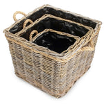 Square Tapered Rope Handled Rattan Planter With Plastic Lining | Set of 3 | Natural