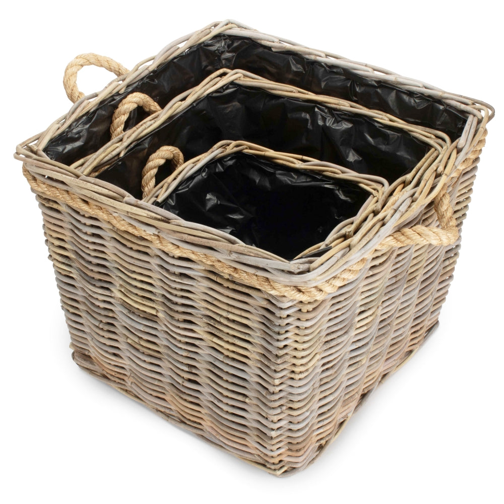 Square Tapered Rope Handled Rattan Planter With Plastic Lining | Set of 3 | Natural