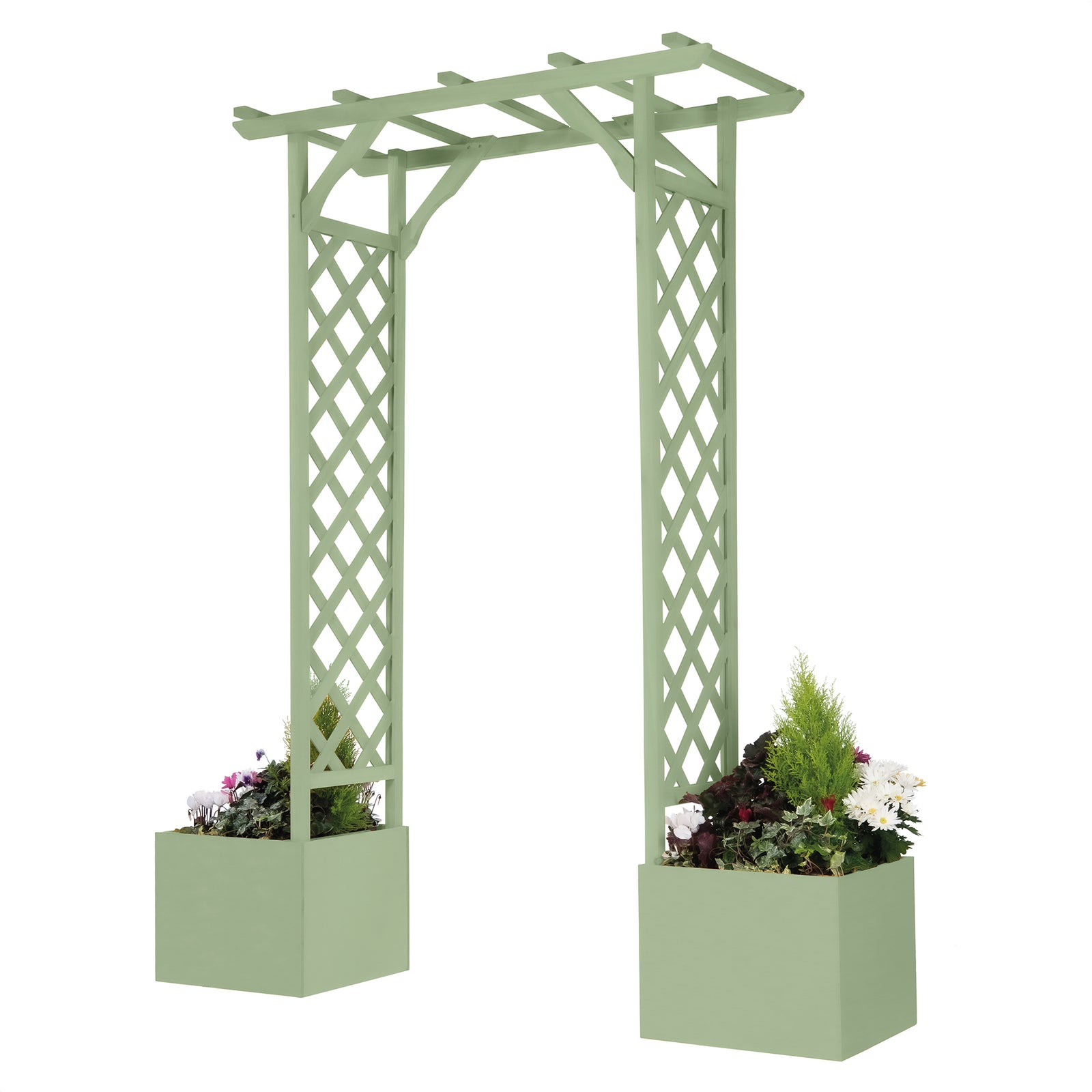 Wooden Garden Arch With Planters Sage Green Finish