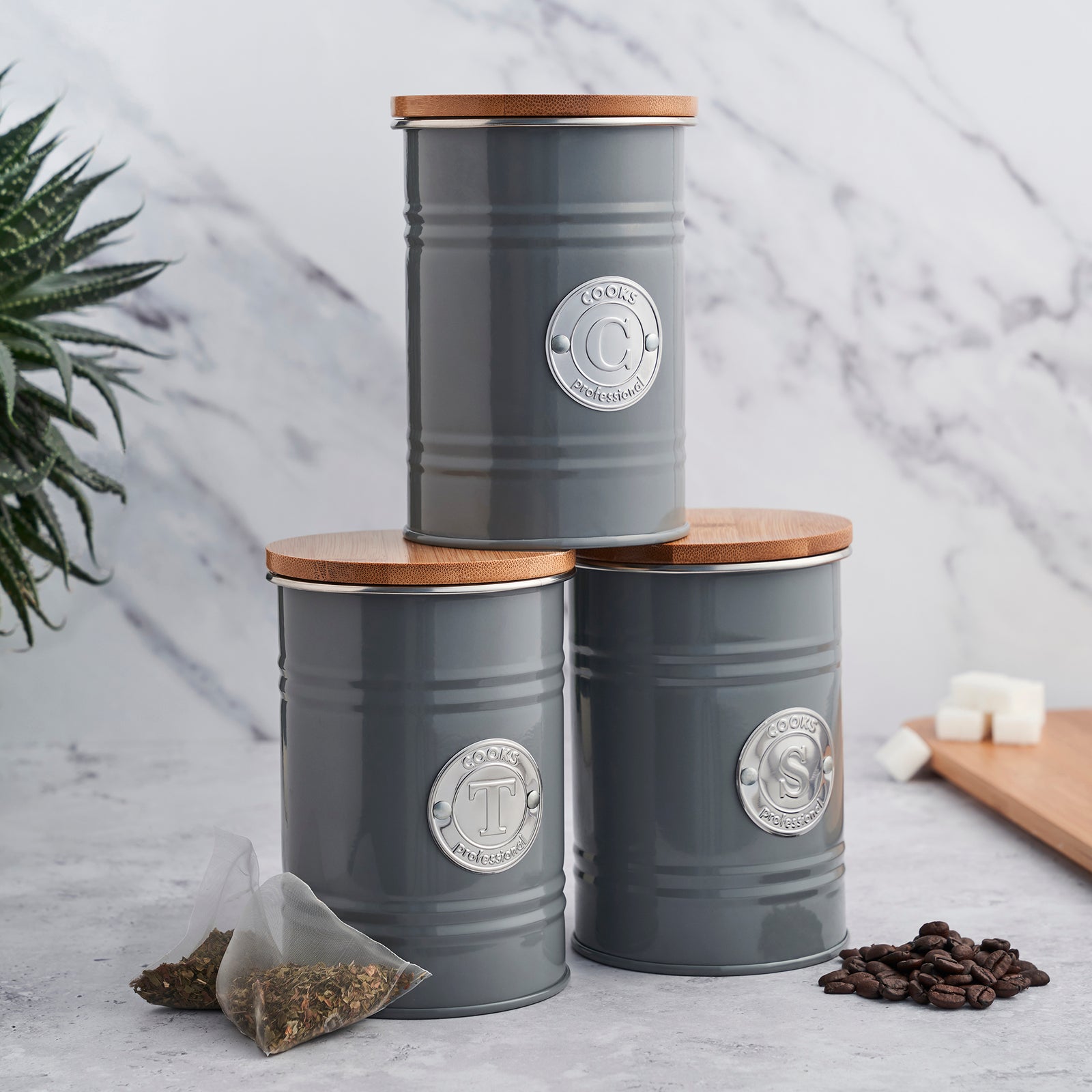 3-piece Kitchen Storage With Bamboo Lids Tea Coffee Sugar | Gray