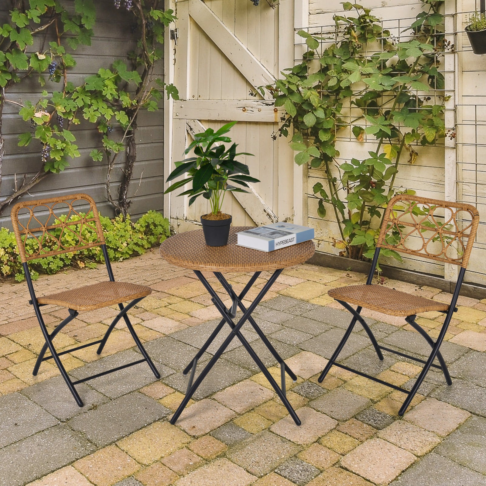 3 Pcs Folding Rattan Wicker Bistro Set, Coffee Table Set | Natura