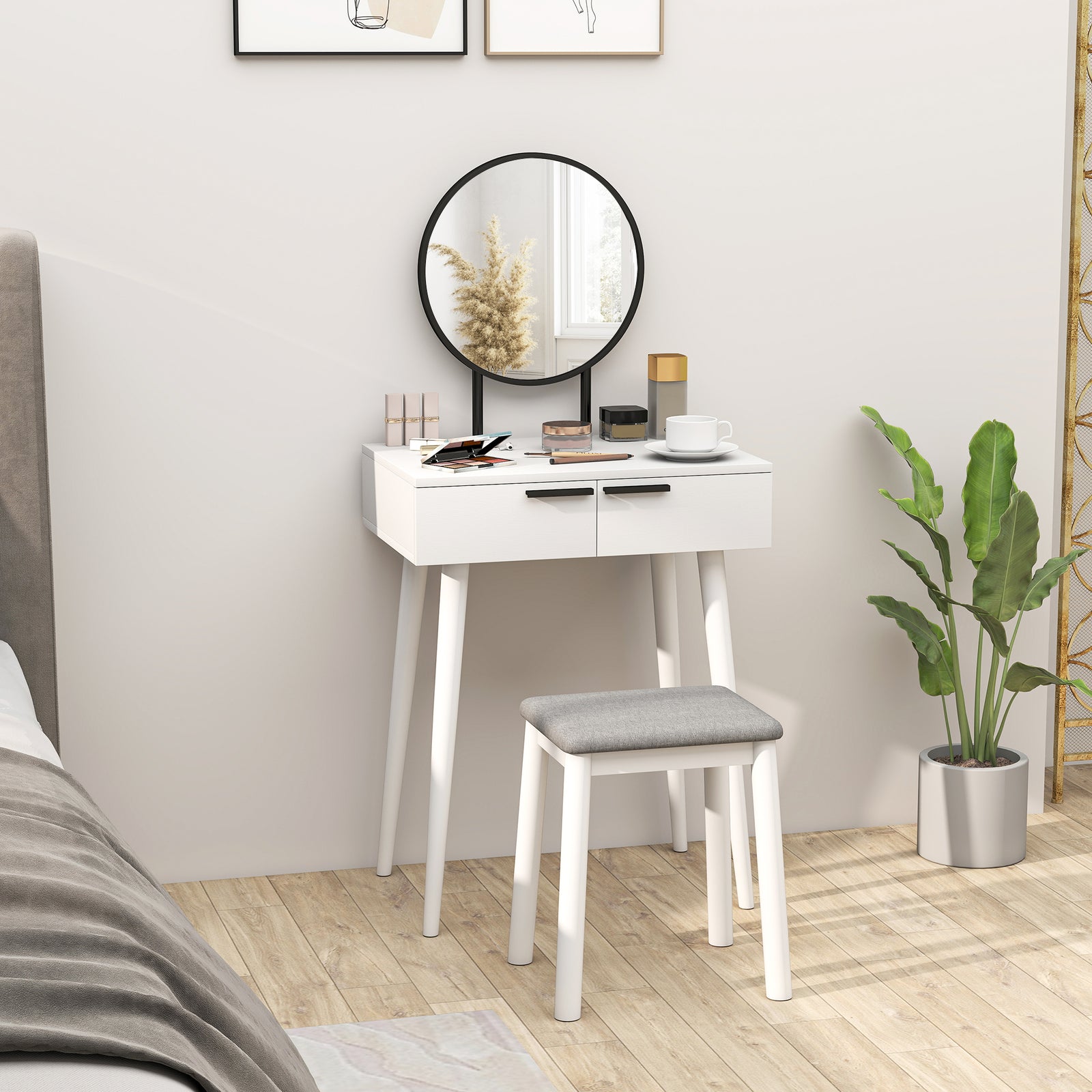 Dressing Table Vanity Set Make Up Desk With Mirror & Stool White