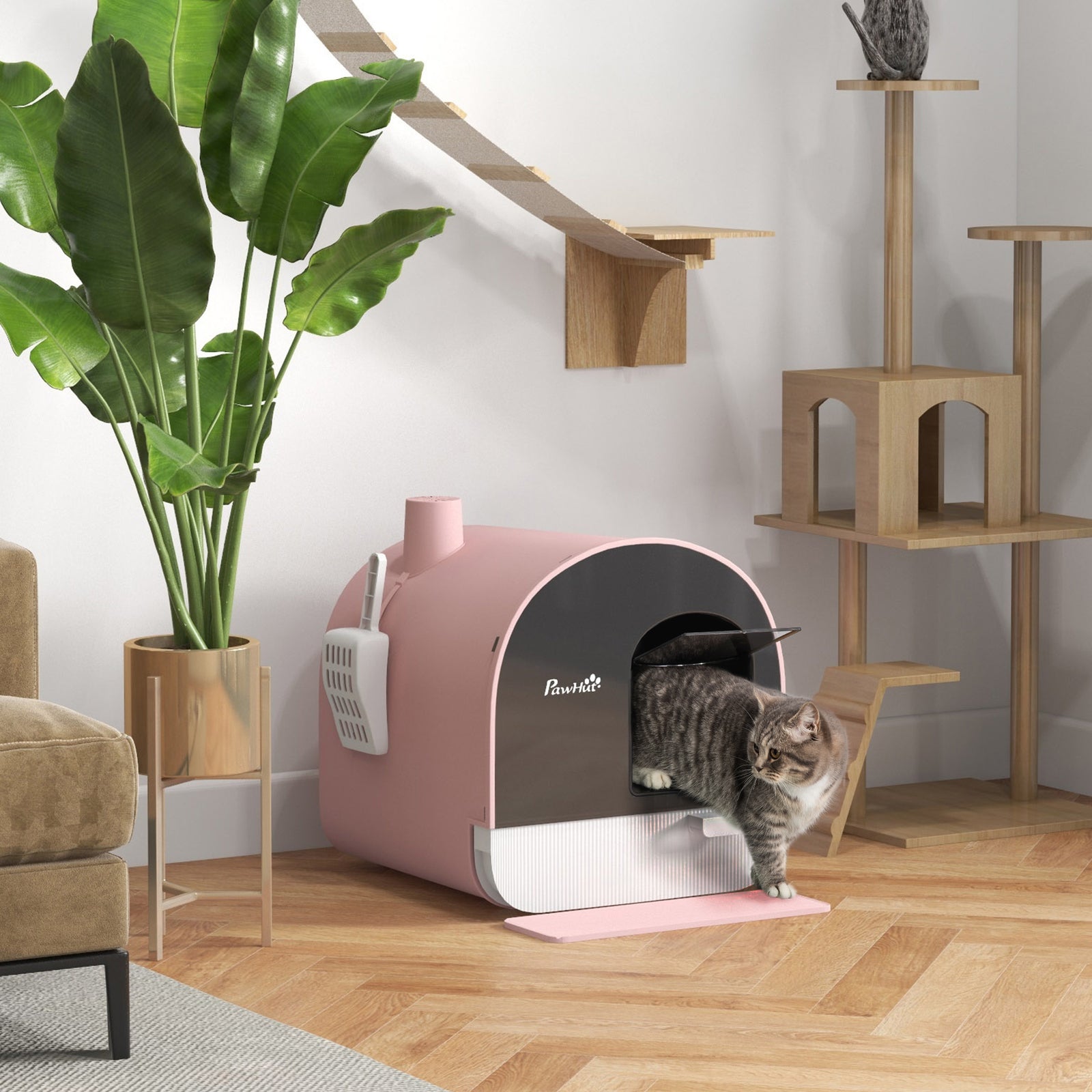 Cat Litter Box W/ Hood, Scoop, Filter, Flap Door | Pink