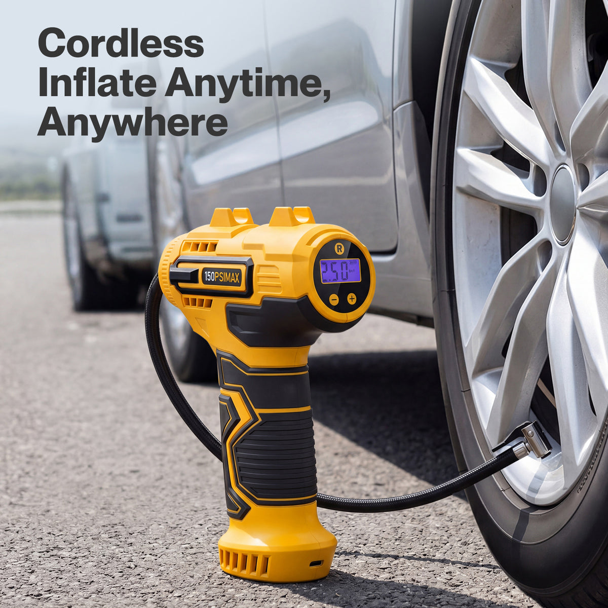 Car Tyre Inflator Cordless Air Compressor 150psi Portable Tyre Pump | Yellow