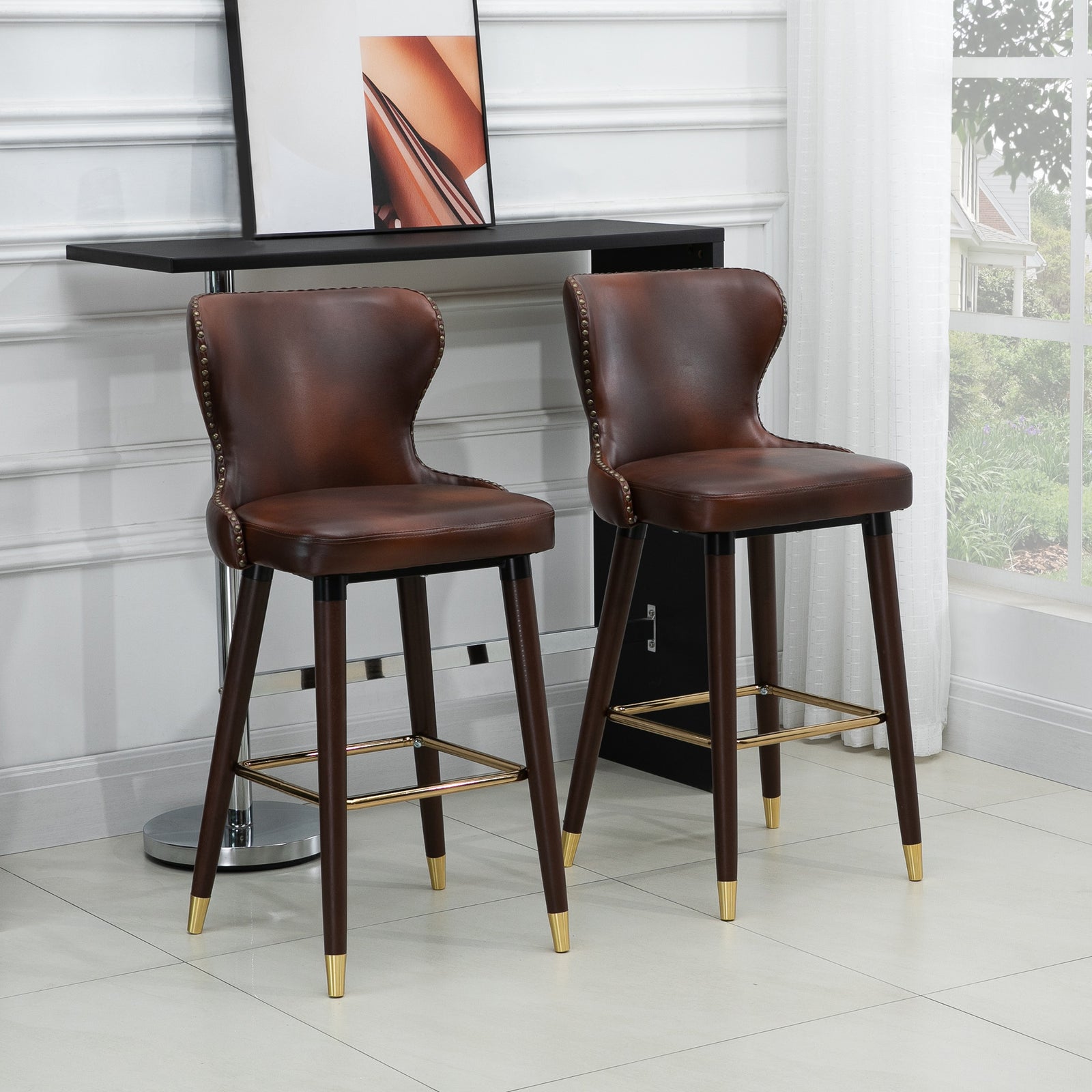Luxury Bar Stools Set Of 2 Pu Leather Brown