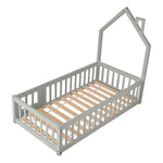 Children's House-shaped Bed Frame With Guardrails, Pine Wood, 140cm X 70cm, Safe And Playful Design For Kids' Room | Grey