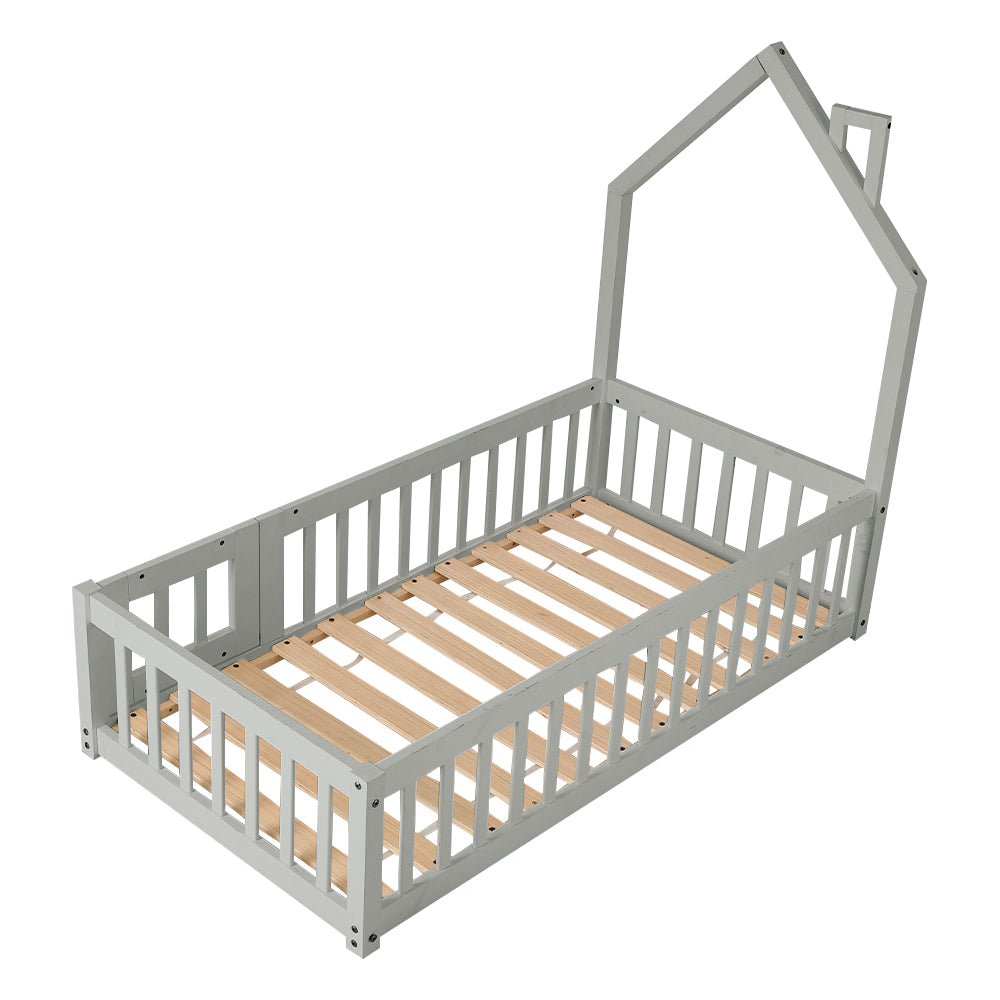 Children's House-shaped Bed Frame With Guardrails, Pine Wood, 140cm X 70cm, Safe And Playful Design For Kids' Room | Grey
