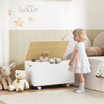 AIYAPLAY Toy Box For Kids, Toy Chest With Wheels And Safety Hinges, White