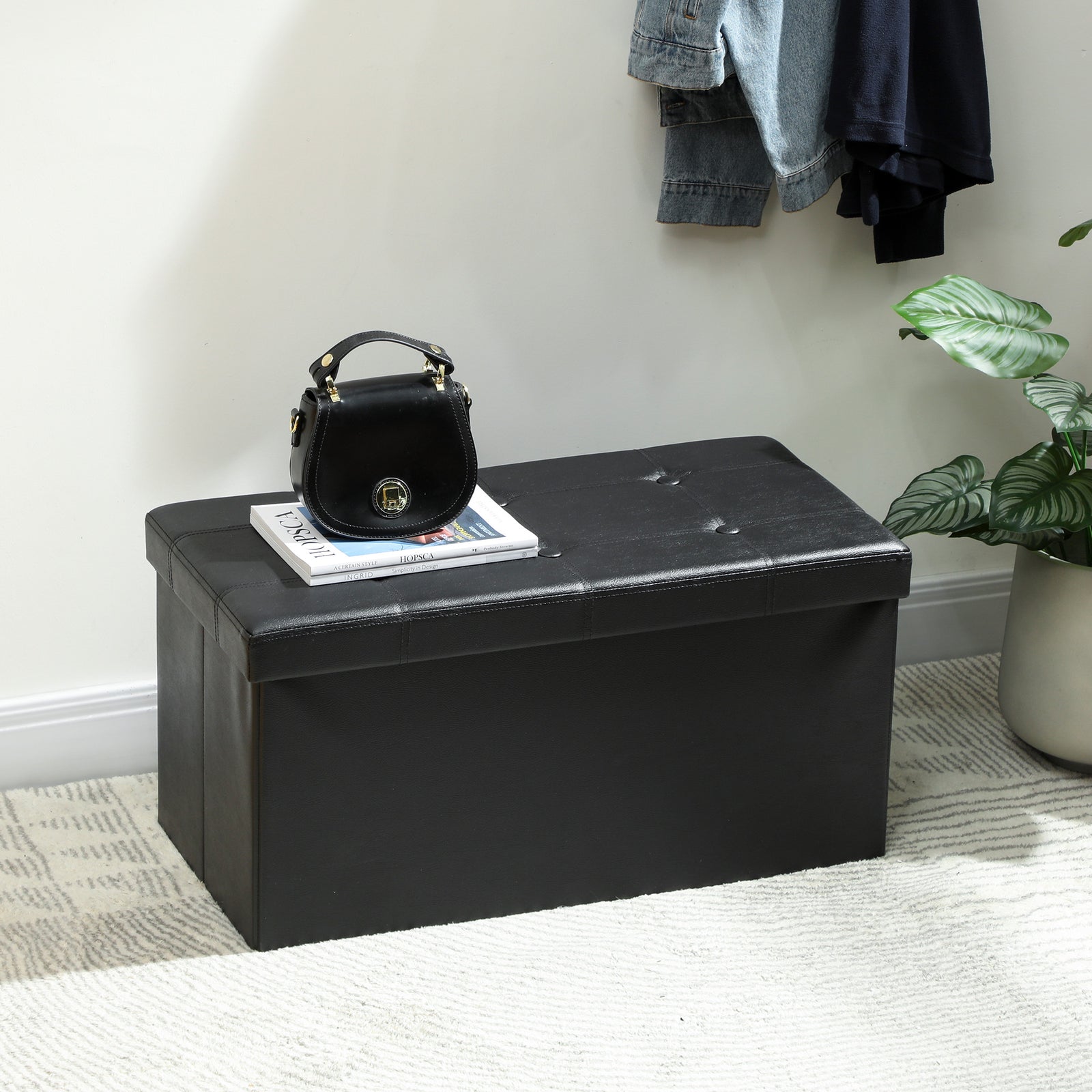 Storage Ottoman Bench, 89l Pu Leather Folding Foot Rest | Black