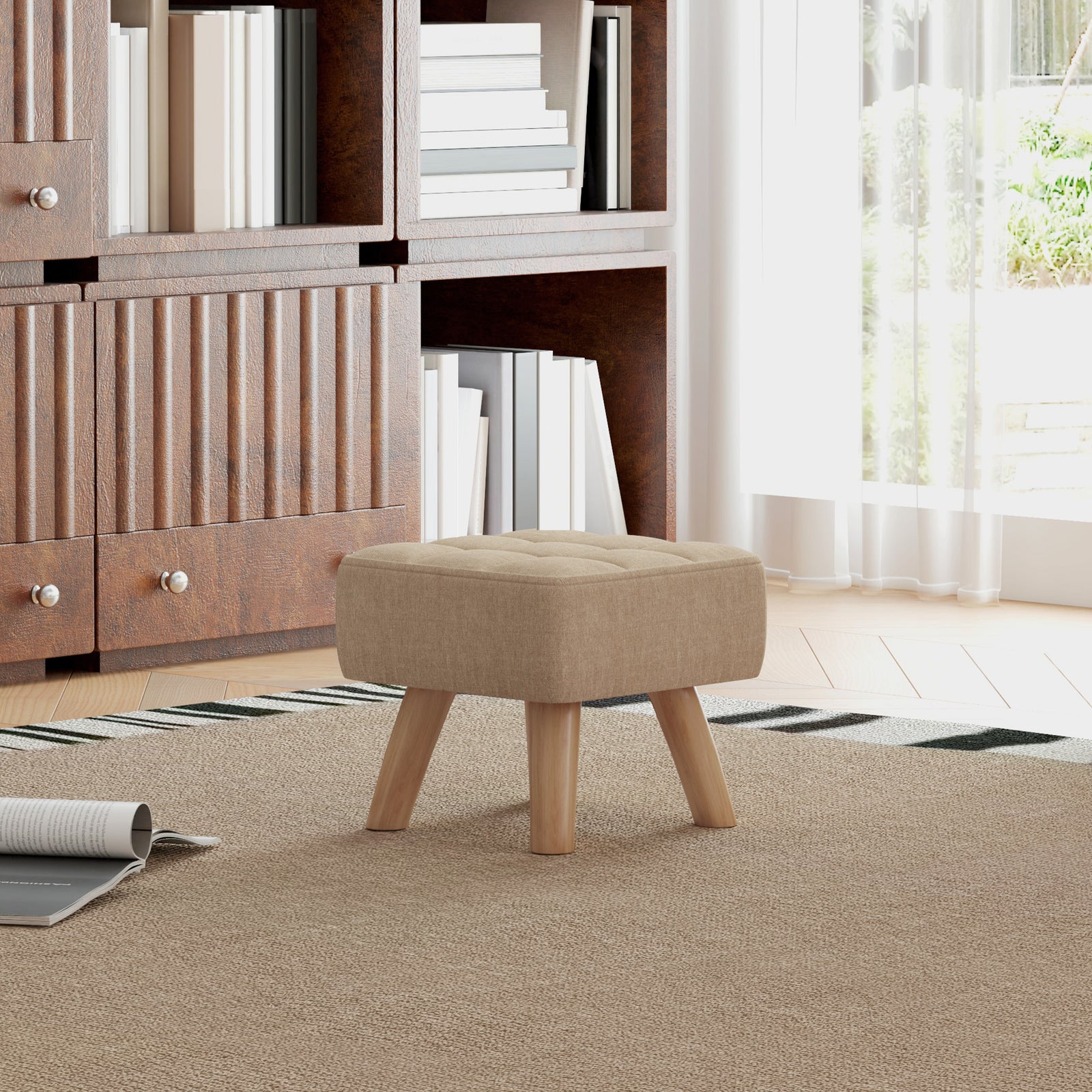 Modern Footstool, Fabric Foot Rest With Rubber Wood Legs | Brown