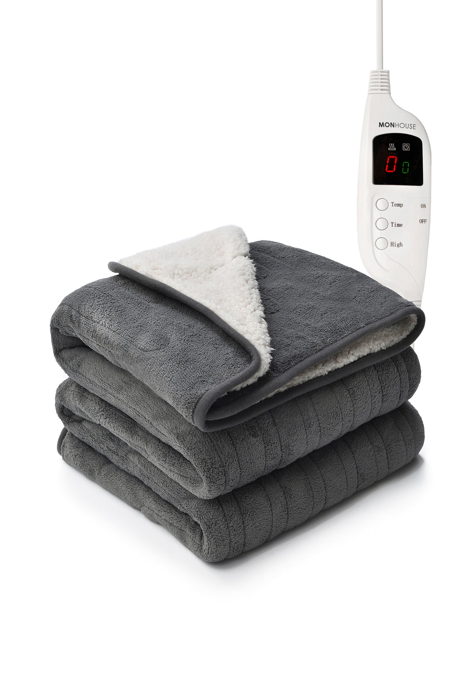 Heated Electric Throw 9h Timer 9 Heat Setting Shearling Fleece Blanket | King | Grey