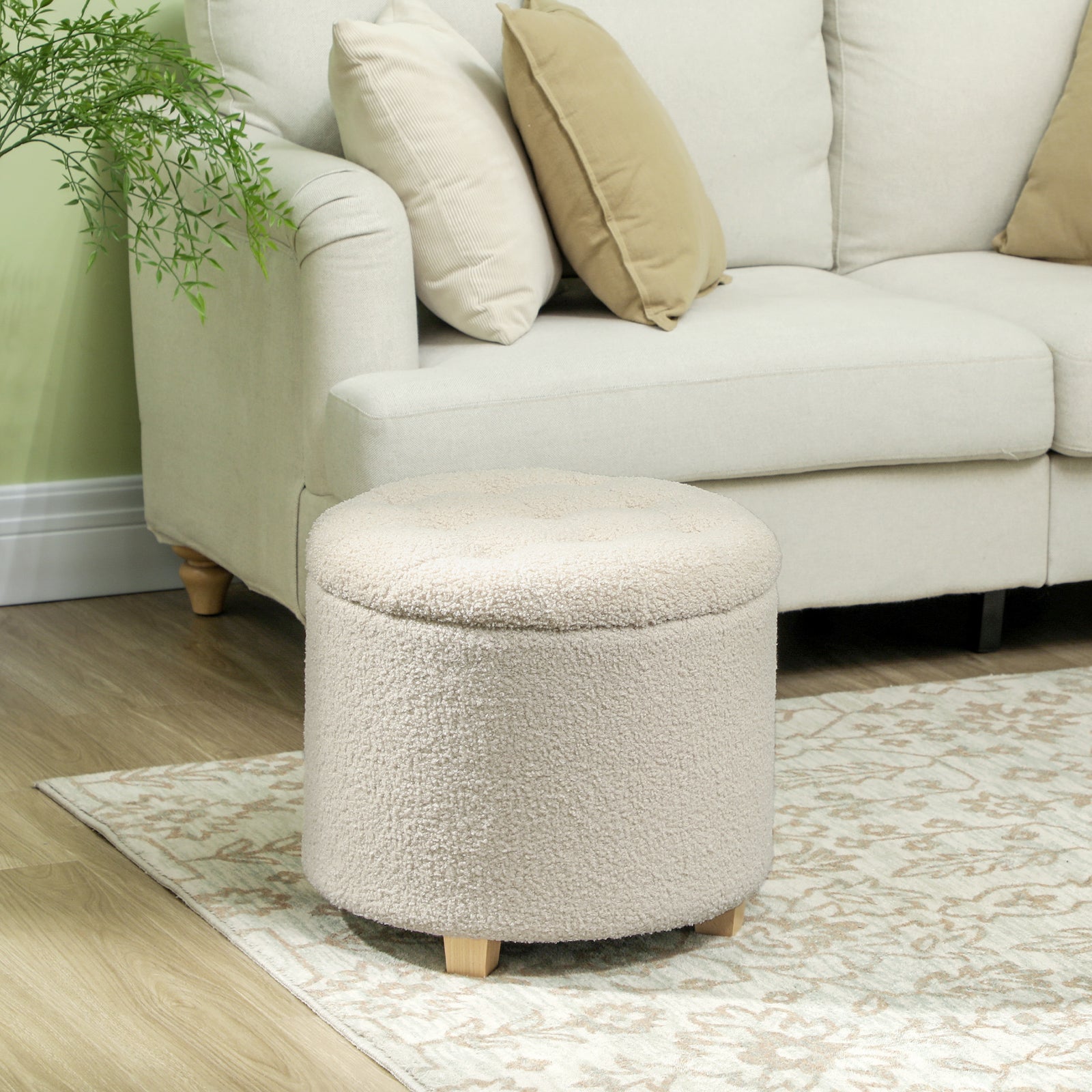 45cm Round Ottoman With Storage, Lid, Cashmere Footstool, Cream White