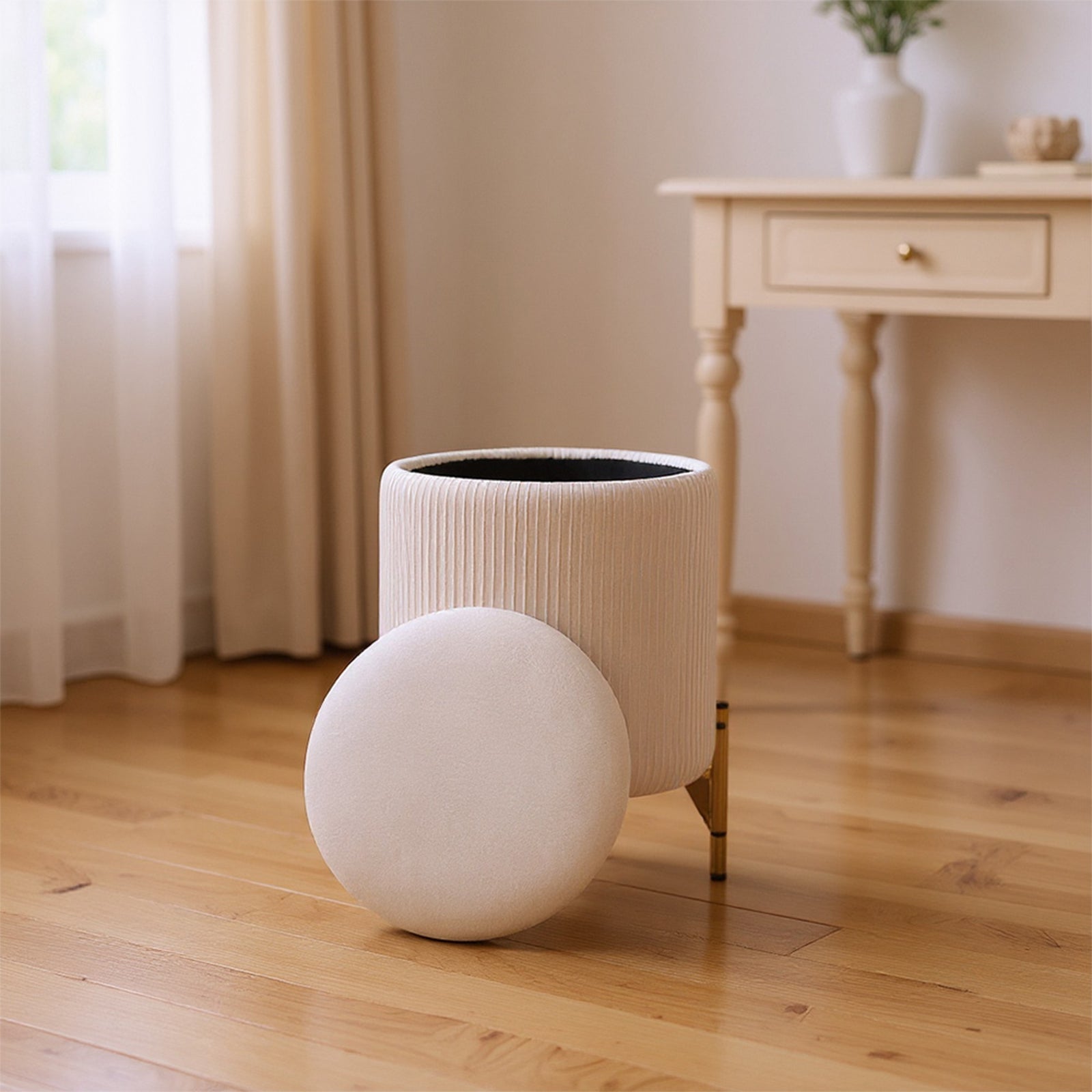 Modern Pleated Storage Ottoman With Metal Base | Beige