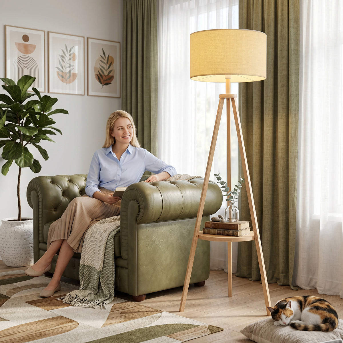 HOMCOM Bedside Light With Storage Shelf And Linen Shade, Natural