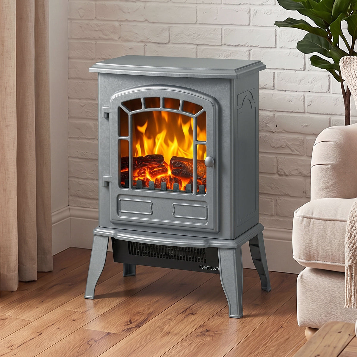 Freestanding Electric Fireplace Stove With Led Flame, 2000w | Grey