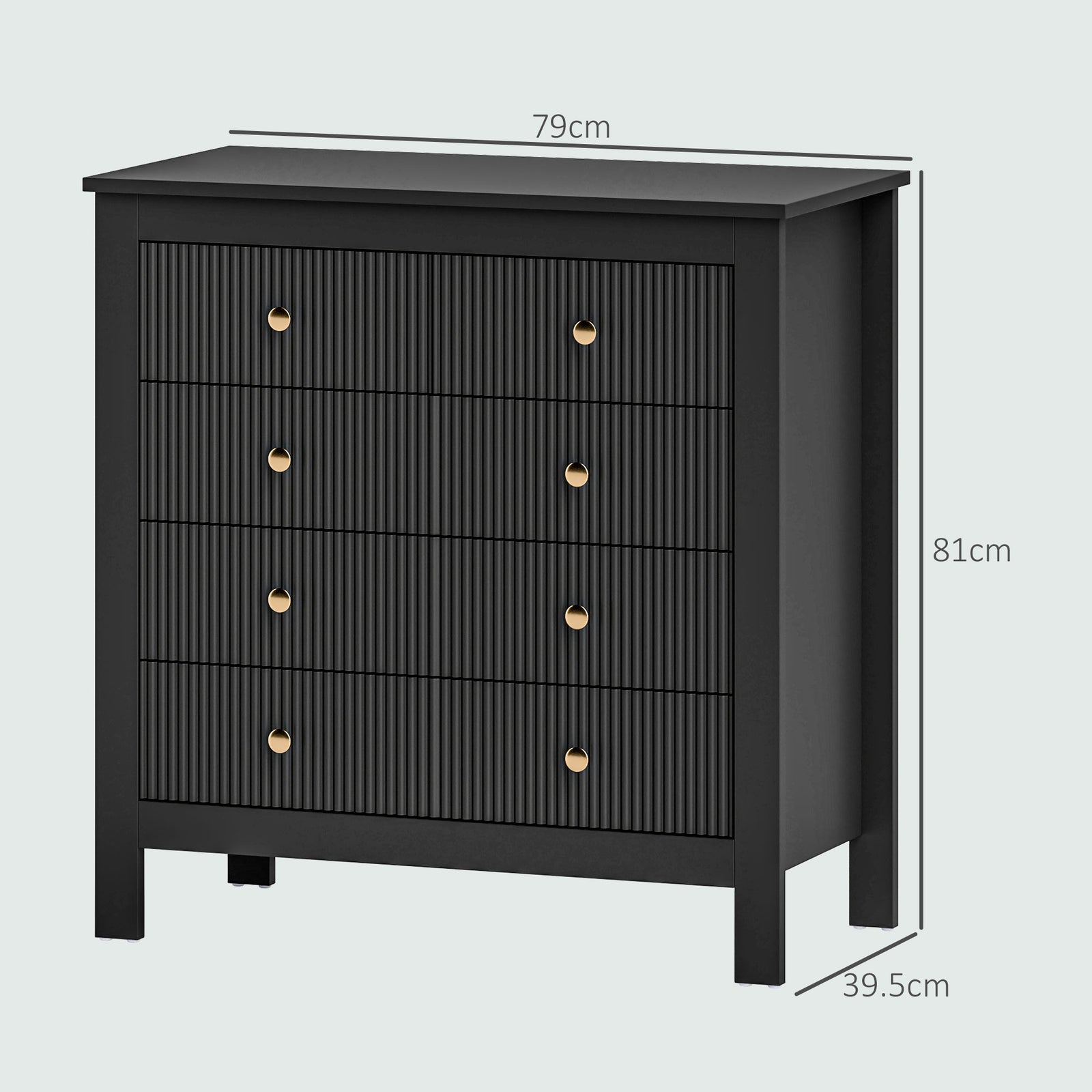 Fluted Bedroom Chest Of Drawers W/ 5 Drawers Gold Tone | One Size | Black