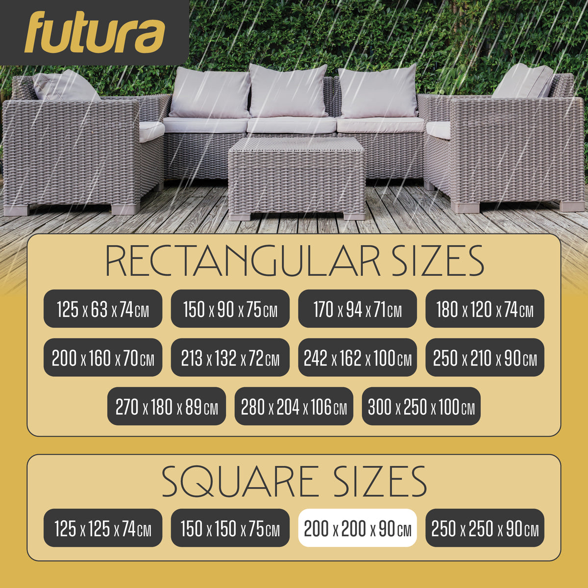Premium Square Waterproof Garden Furniture Cover, Outdoor Patio Weatherproof Rattan Sofa Guard Cover | 200 x 200 x 90cm | Black